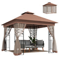 10'x10' Soft-top Patio Gazebo Outdoor Sun Shelter with 2-Tier Polyester Roof, Curtain Sidewalls, Dark Brown