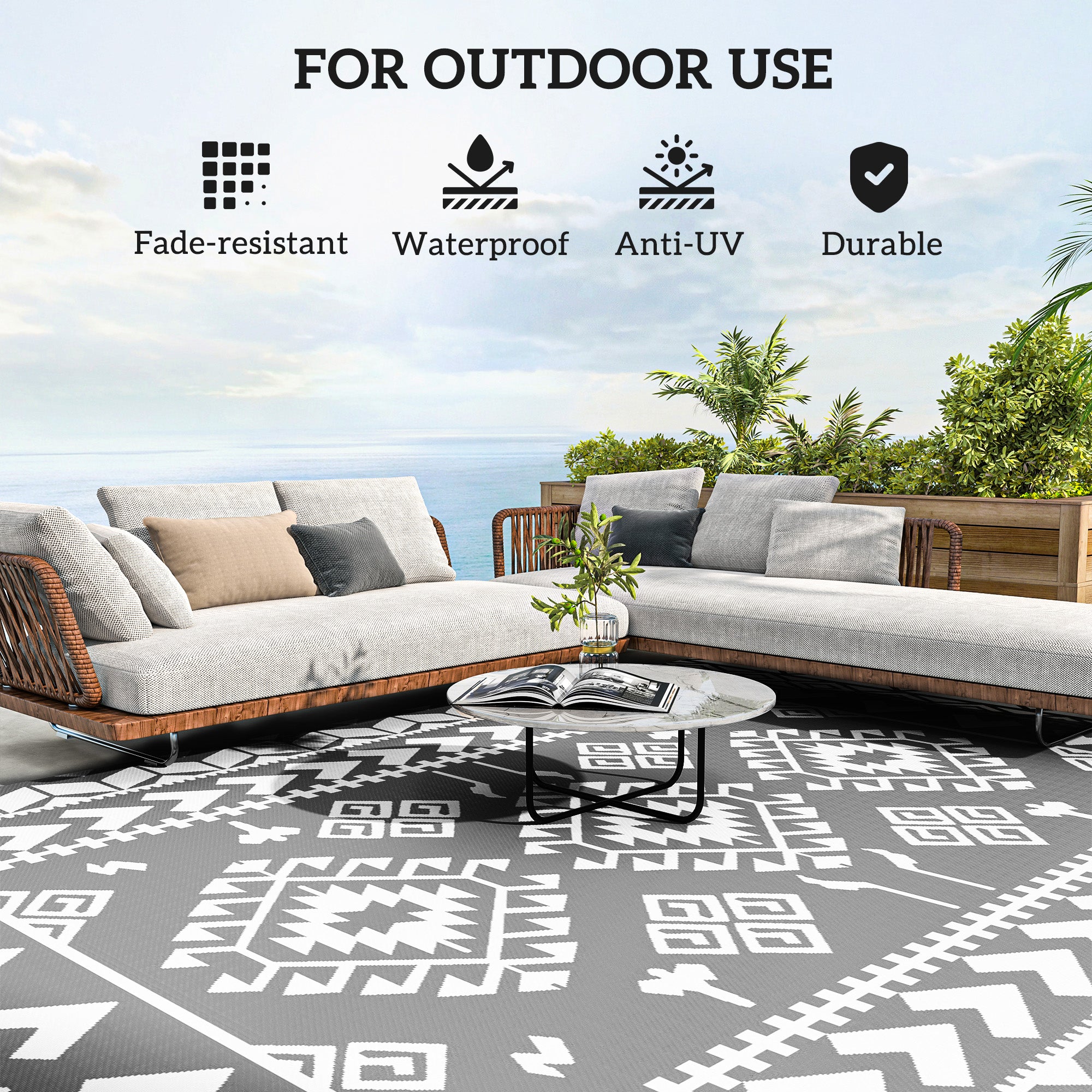 9' x 12' Outdoor RV Rug, Reversible Patio Floor Mat with Carry Bag, Rhombus Patchwork, Grey and White