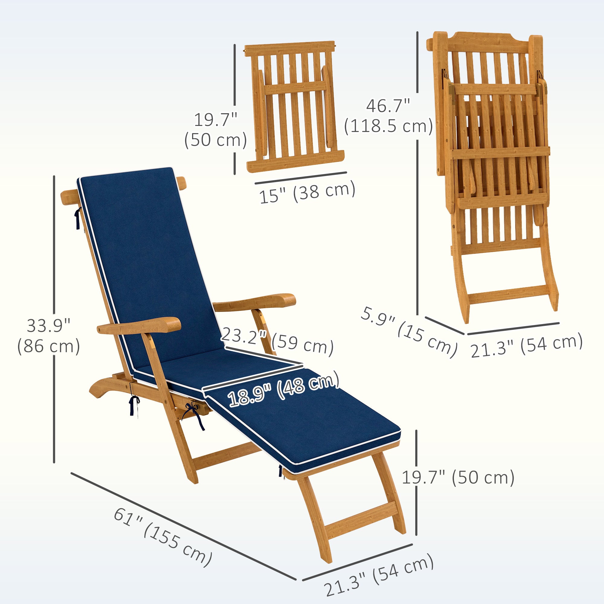 Folding Patio Lounge Chair with Padded Cushion, Acacia Wood Patio Lounger Recliner with Footrest for Garden, Navy Blue