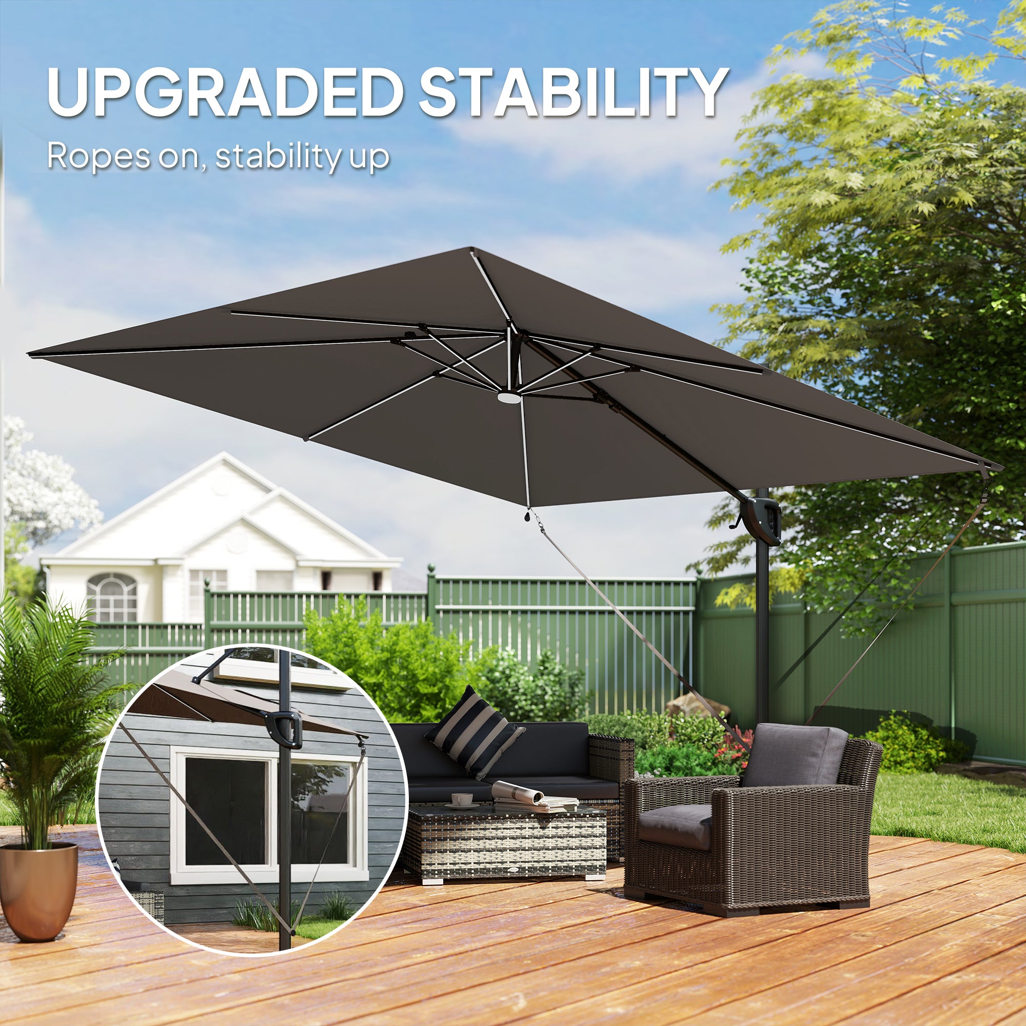 10 x 9.7 ft Offset Cantilever Patio Umbrella with Lights, Wind Rope, UPF50+ Outdoor Cantilever Parasol, Dark Grey