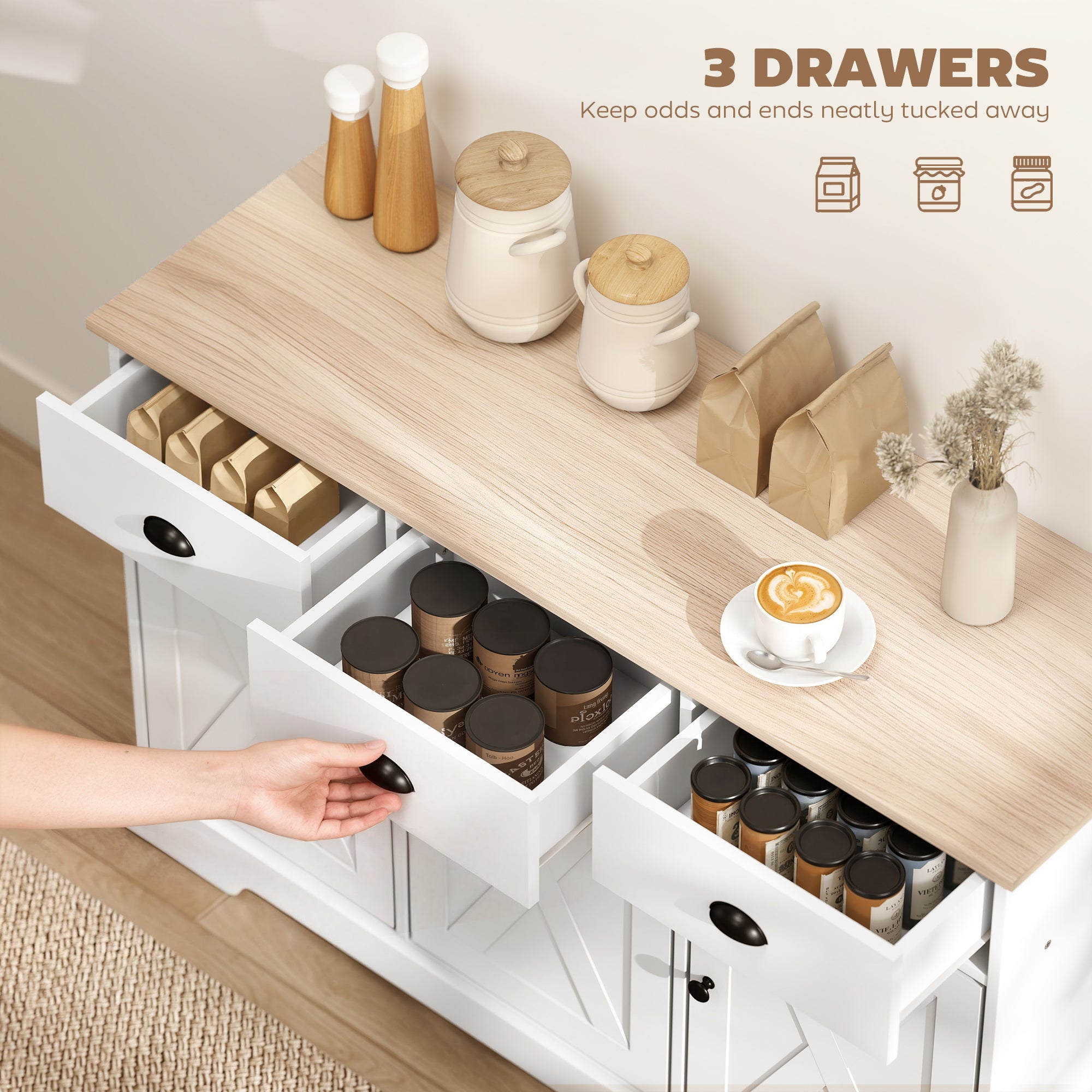 46.5" Buffet Cabinet, Farmhouse Sideboard with 3 Barn Doors and 3 Drawers for Living Room, Kitchen, White