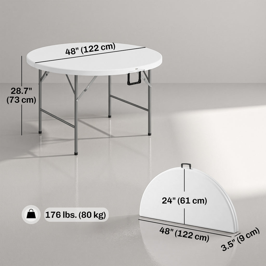Î¦48" Folding Patio Table, Outdoor HDPE Picnic Table, Card Table for 6, Round Folding Banquet with Metal Frame, White
