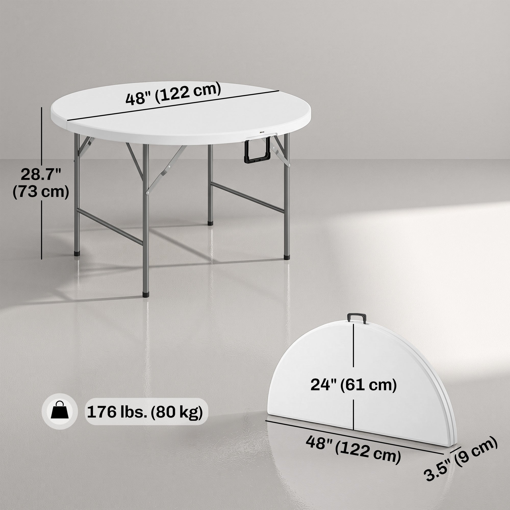 Î¦48" Folding Patio Table, Outdoor HDPE Picnic Table, Card Table for 6, Round Folding Banquet with Metal Frame, White