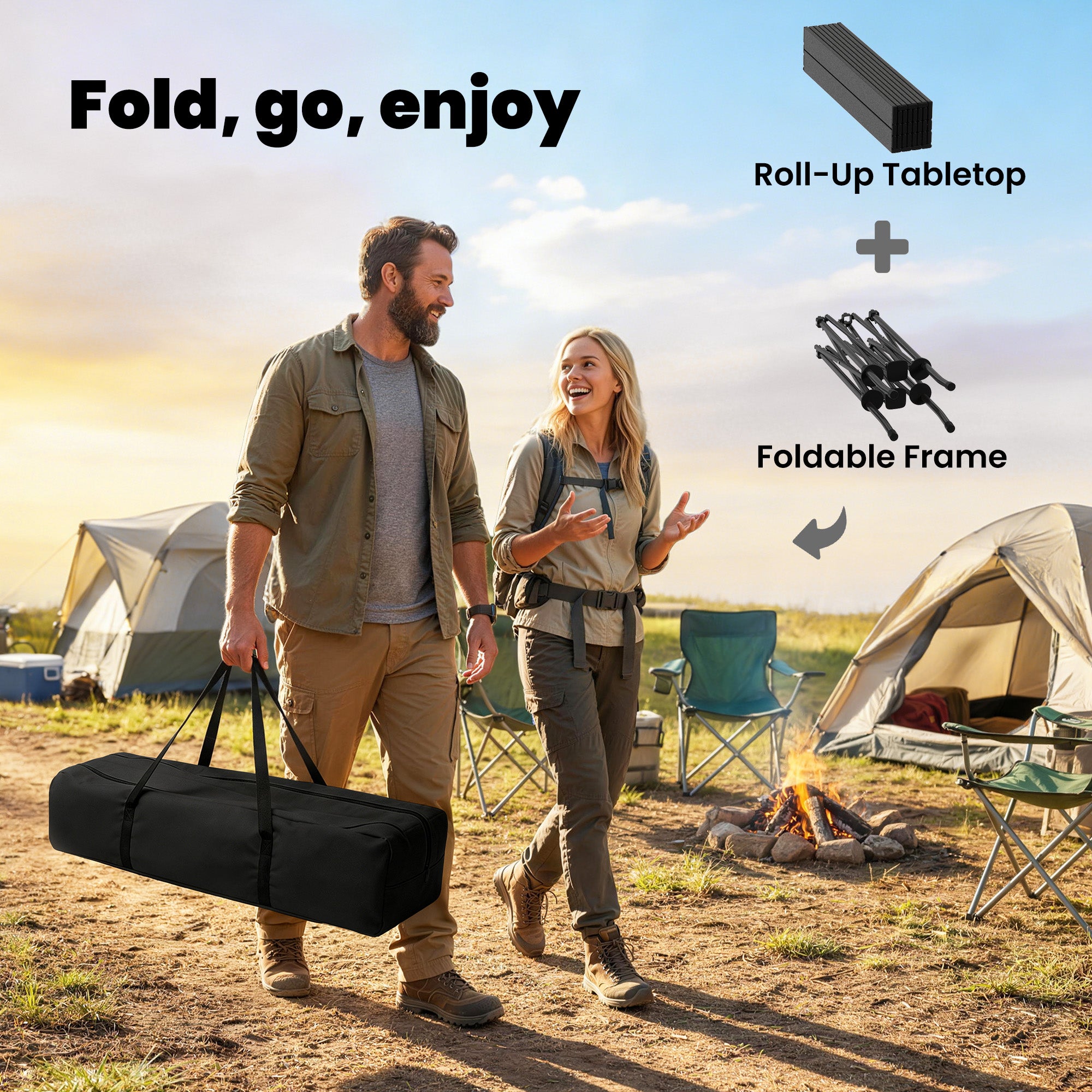 3ft Folding Camping Table, Picnic Table with Mesh Storage Net, Carrying Bag and Metal Frame, Black
