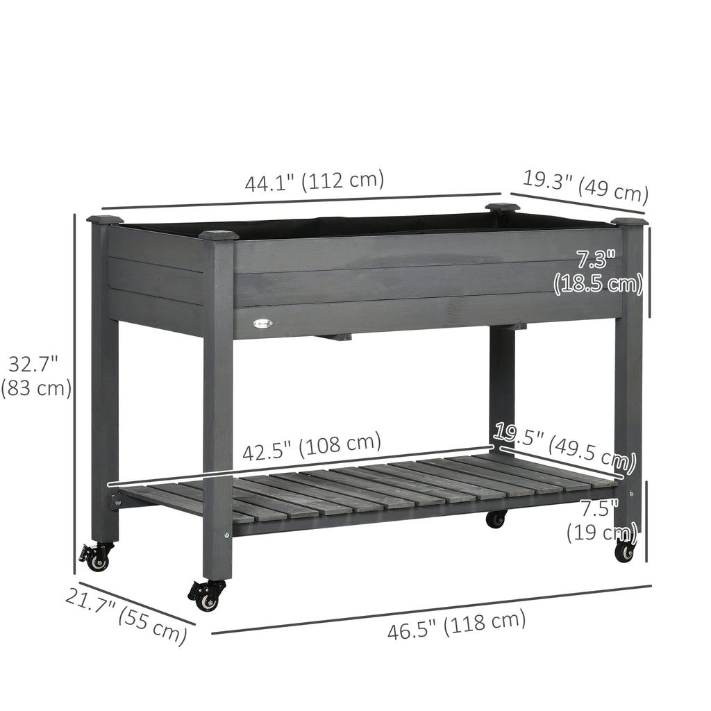 Mobile Raised Garden Bed Elevated Wood Planter Box with Lockable Wheels, Storage Shelf for Herbs Vegetables, Dark Grey