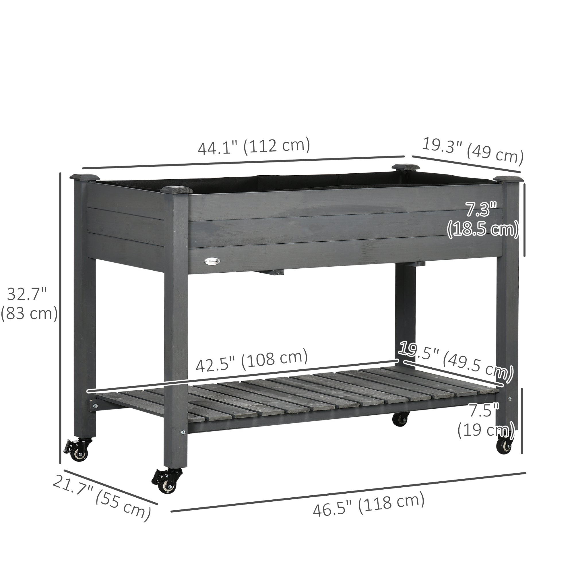 Mobile Raised Garden Bed Elevated Wood Planter Box with Lockable Wheels, Storage Shelf for Herbs Vegetables, Dark Grey