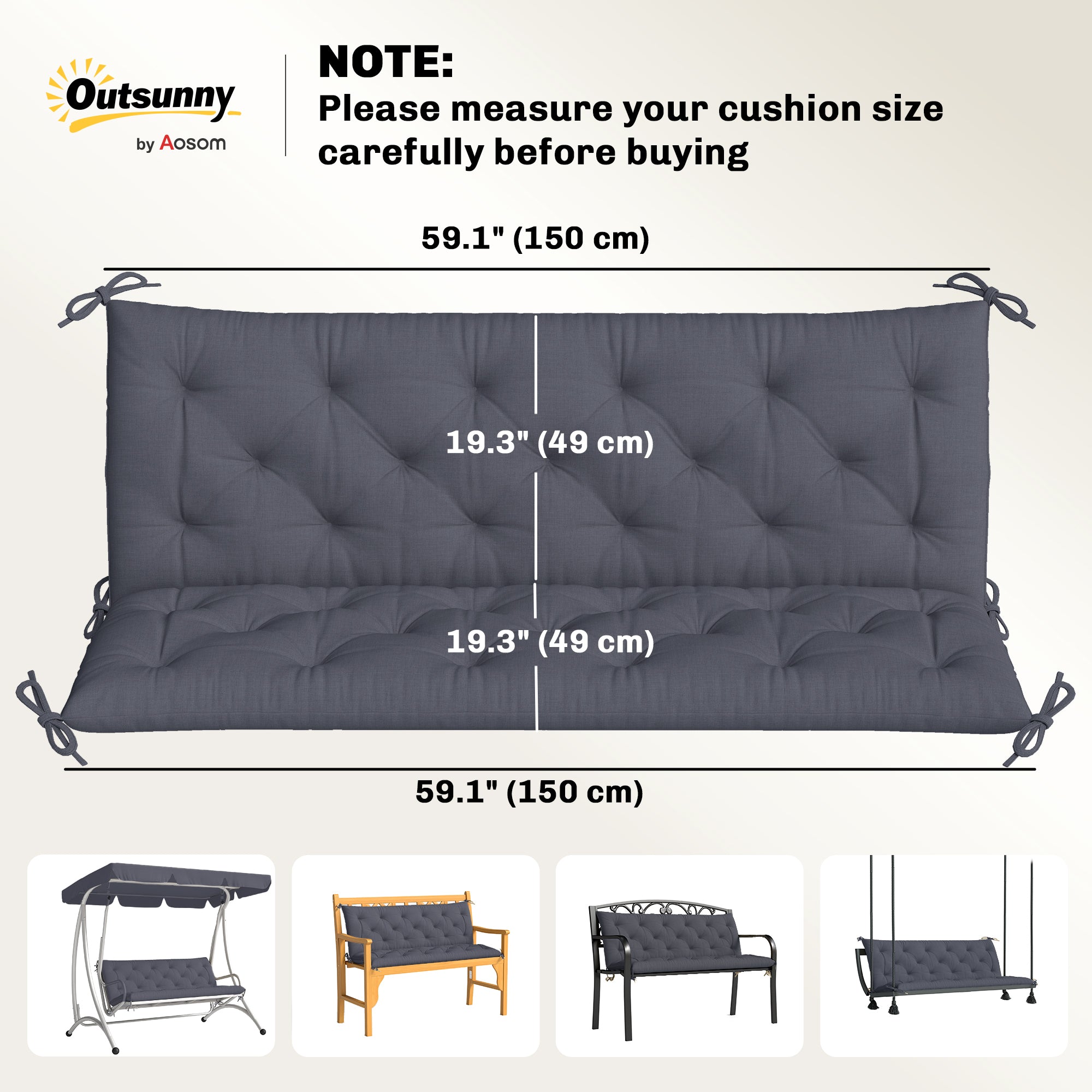 3 Seater Outdoor Seat Pads Bench Swing Chair Replacement Cushions Backrest for Patio Garden, Dark Grey