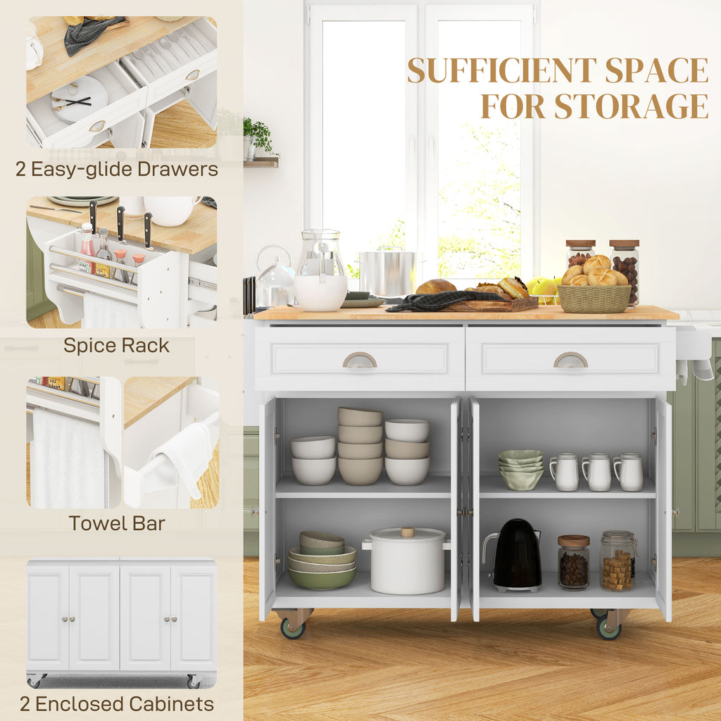 Kitchen Island with Storage, Rolling Kitchen Island with Drop Leaf, Rubber Wood Top and Adjustable Shelves, White