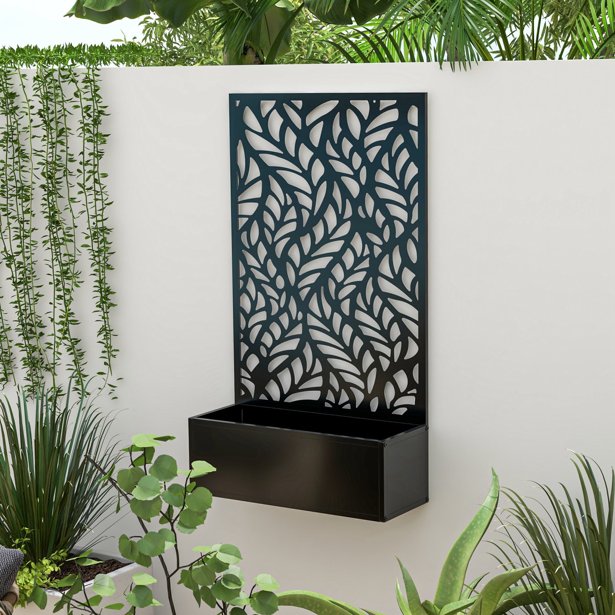 Metal Outdoor Privacy Screen with Raised Graden Bed, Privacy Panel and Planter Box, Wall-Mounted or Freestanding