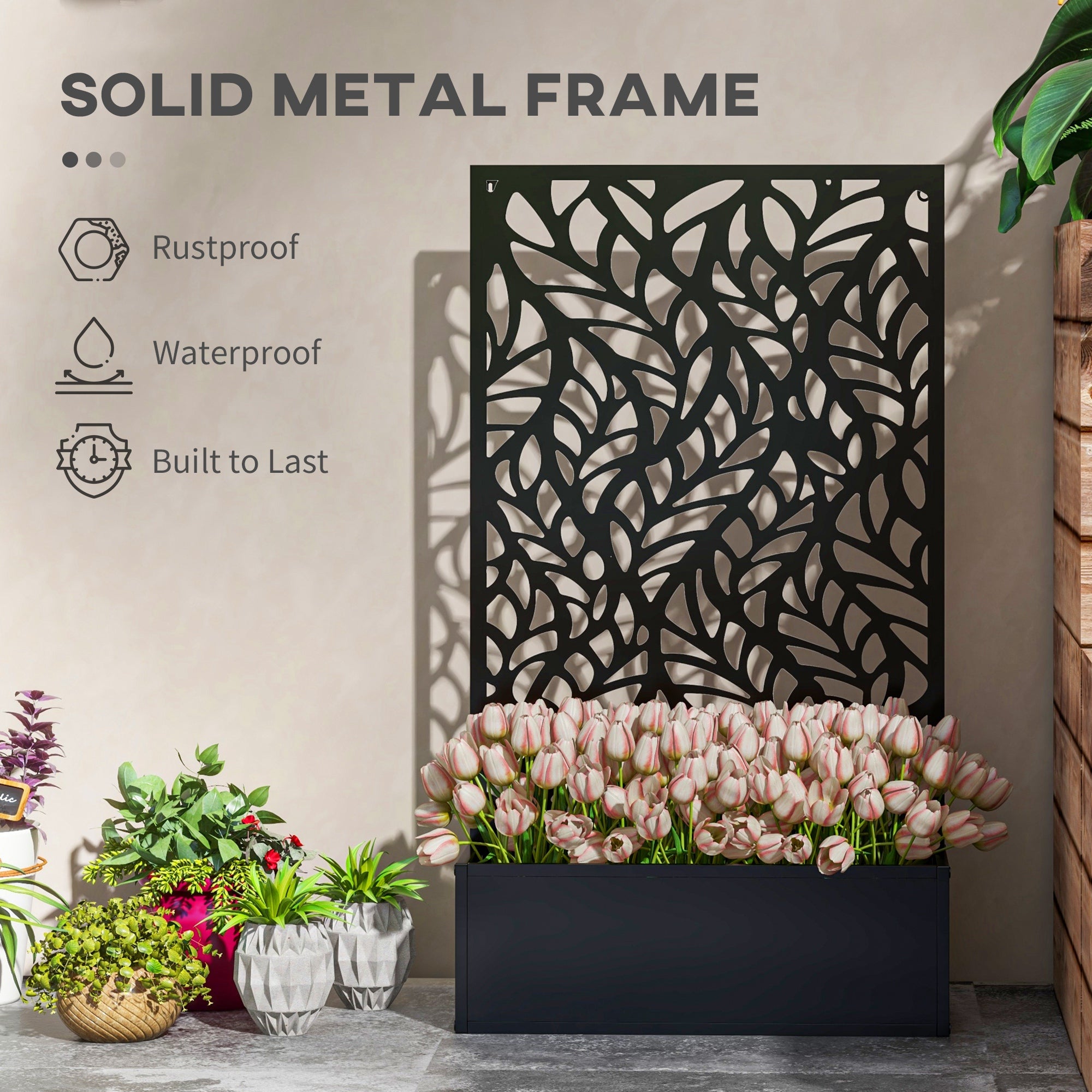 Metal Outdoor Privacy Screen with Raised Graden Bed, Privacy Panel and Planter Box, Wall-Mounted or Freestanding