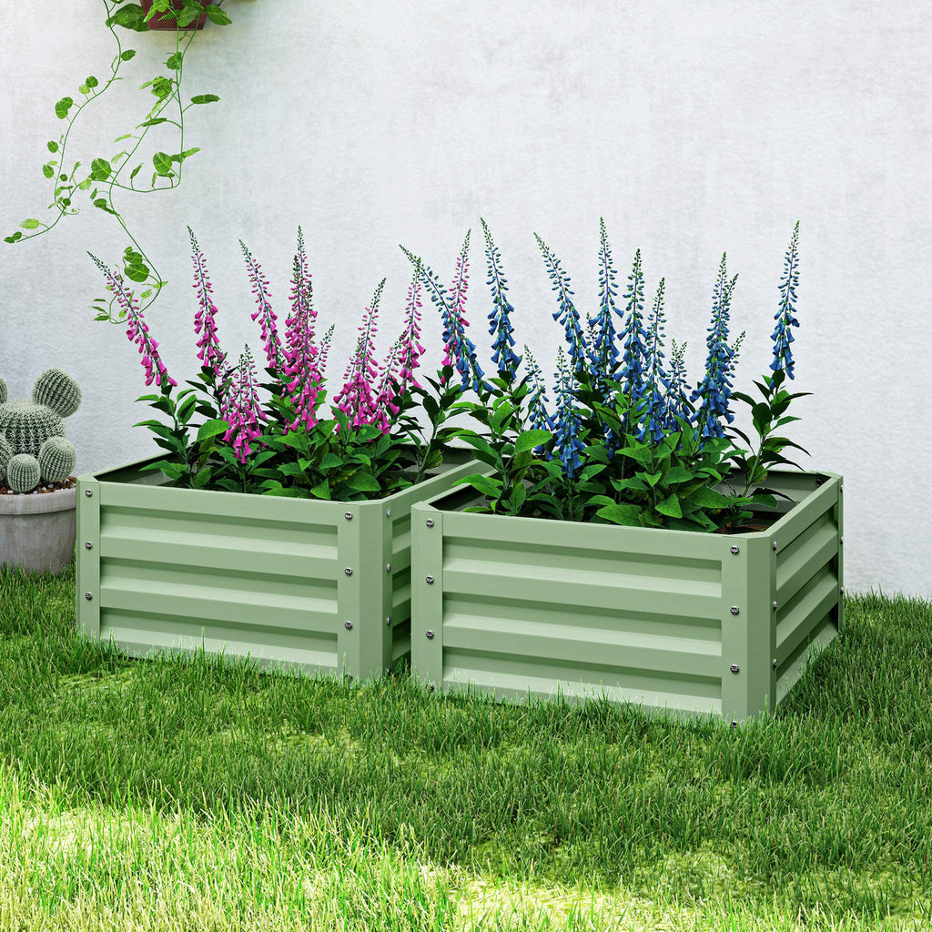 2Pcs 2' x 2' x 1' Galvanized Raised Garden Bed Kit, Square Outdoor Metal Planter Box with Open Bottom for Vegetables, Flowers, Herbs, Light Green
