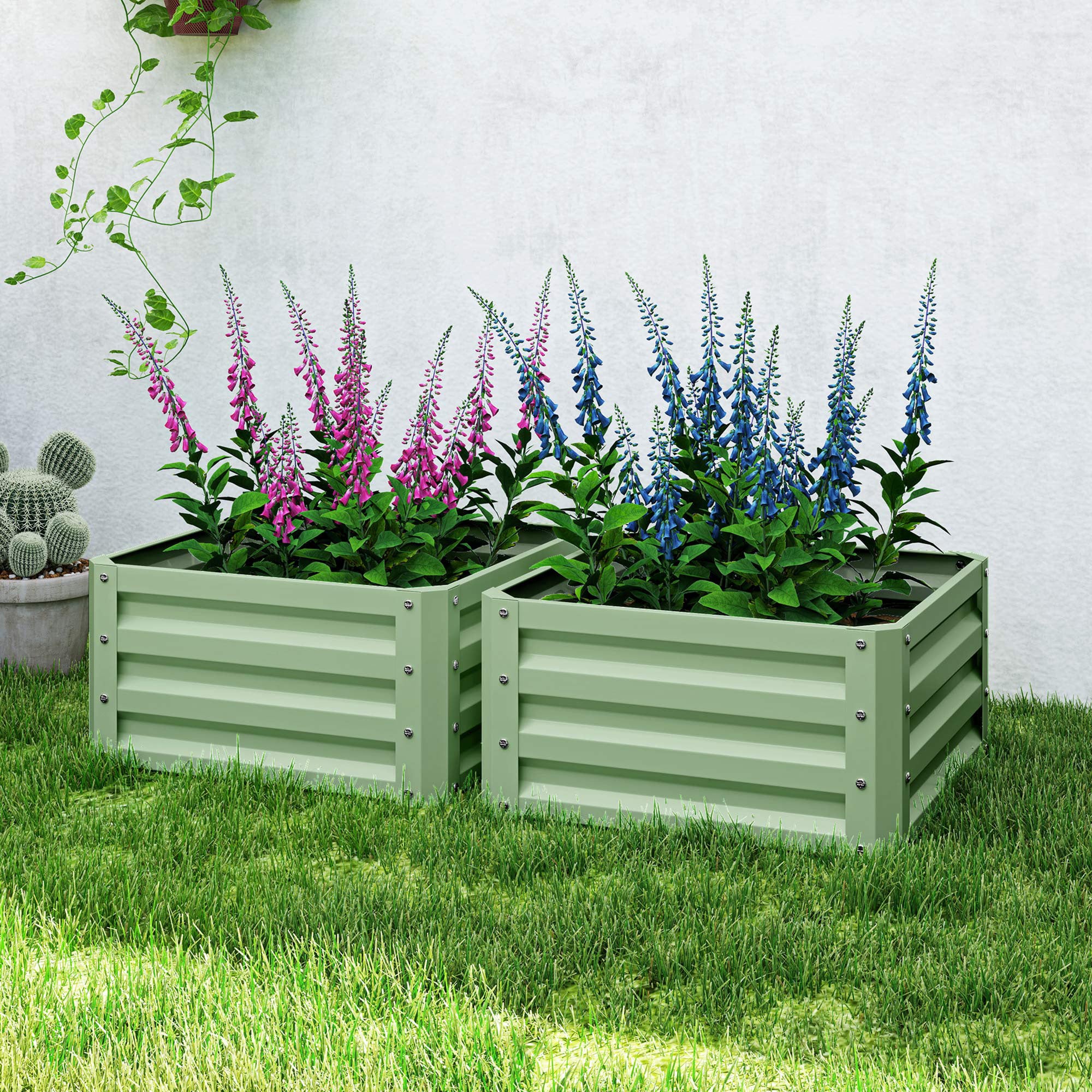 2Pcs 2' x 2' x 1' Galvanized Raised Garden Bed Kit, Square Outdoor Metal Planter Box with Open Bottom for Vegetables, Flowers, Herbs, Light Green
