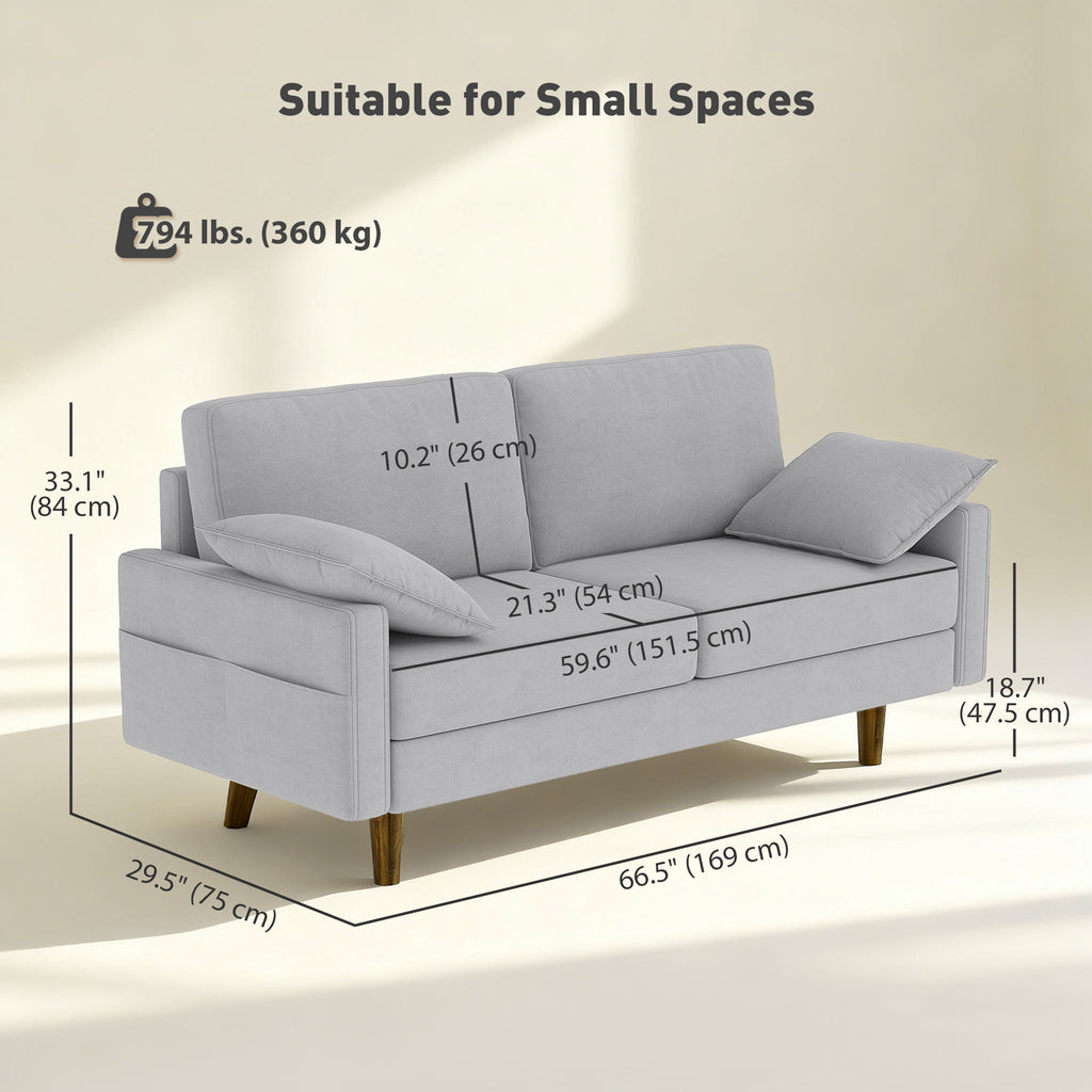 3 Seater Sofa, Velvet Upholstered Couch with Spring Cushions, Rubber Wood Legs and 2 Pillows, Grey