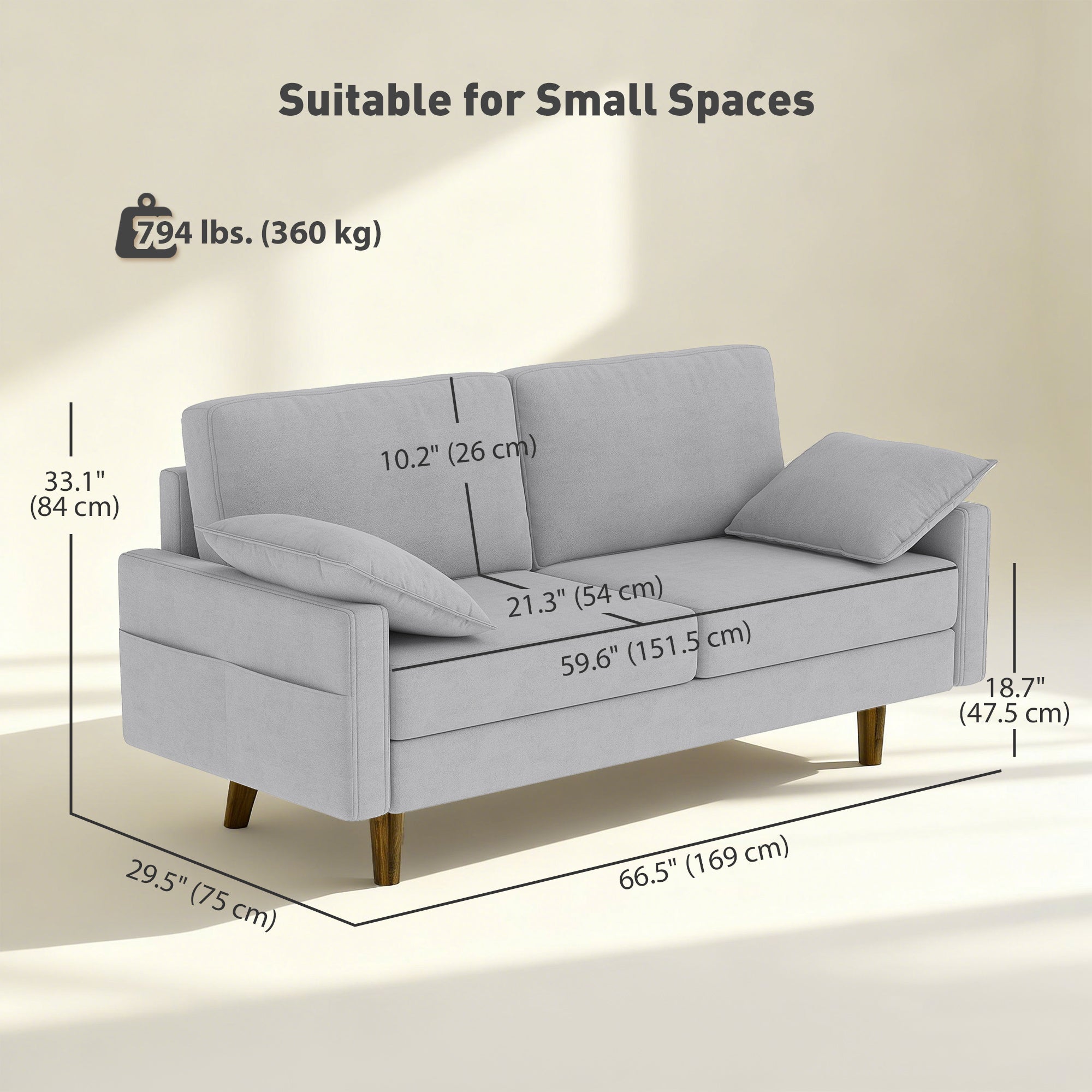 3 Seater Sofa, Velvet Upholstered Couch with Spring Cushions, Rubber Wood Legs and 2 Pillows, Grey