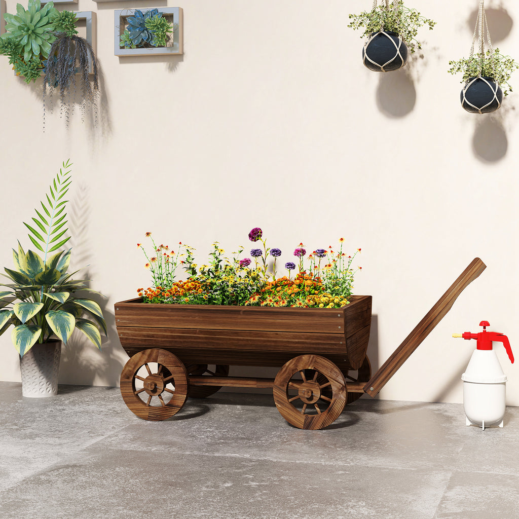 Wooden Wagon Planter Box, Mobile Garden Planter with 4 Wheels, Small Wheelbarrow Wagon Flower Cart with Drainage Holes