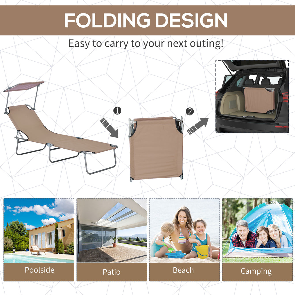 Outdoor Lounge Chair, Adjustable Folding Chaise Lounge with Sun Shade for Beach, Camping, Hiking, Brown