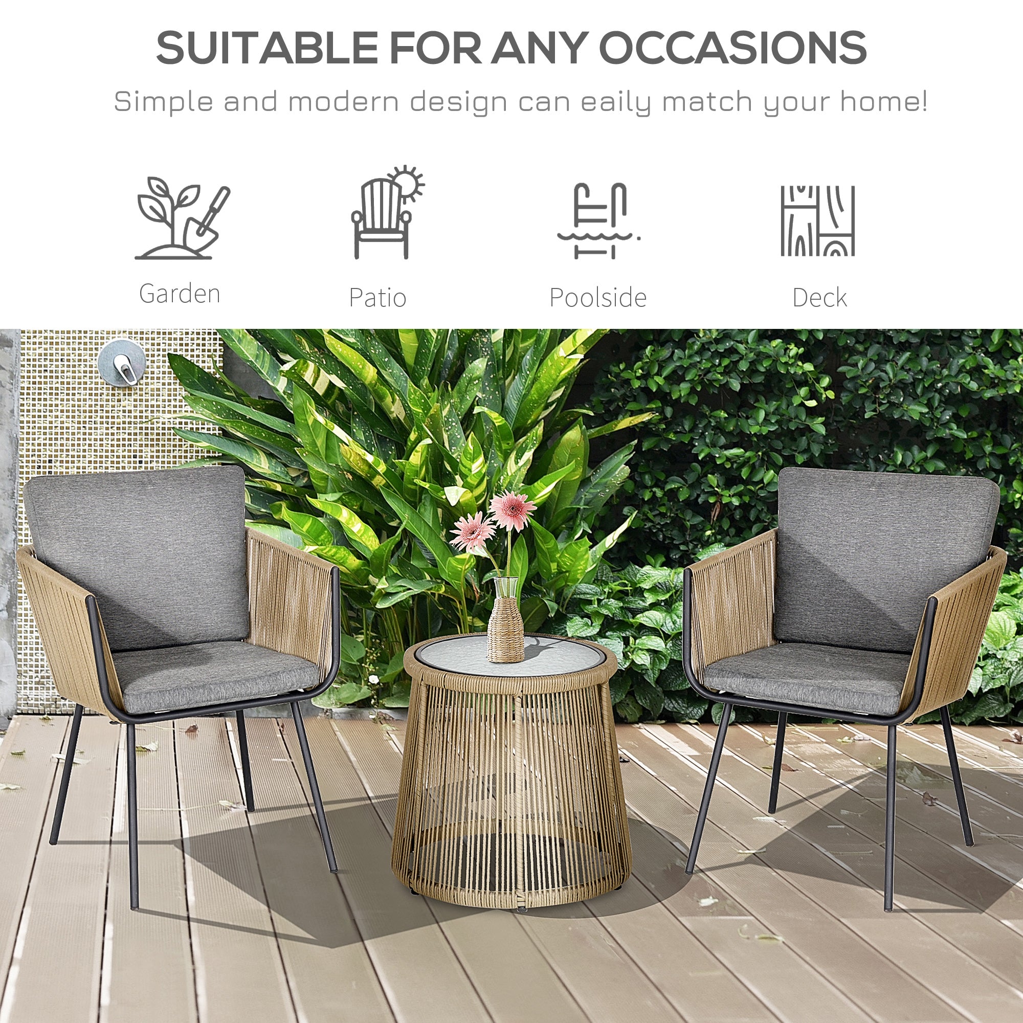 3 Pieces Wicker Patio Furniture Set, Rattan Bistro Set with Coffee Table and Cushions, Outdoor Conversation Set for Garden, Porch, Balcony, Grey