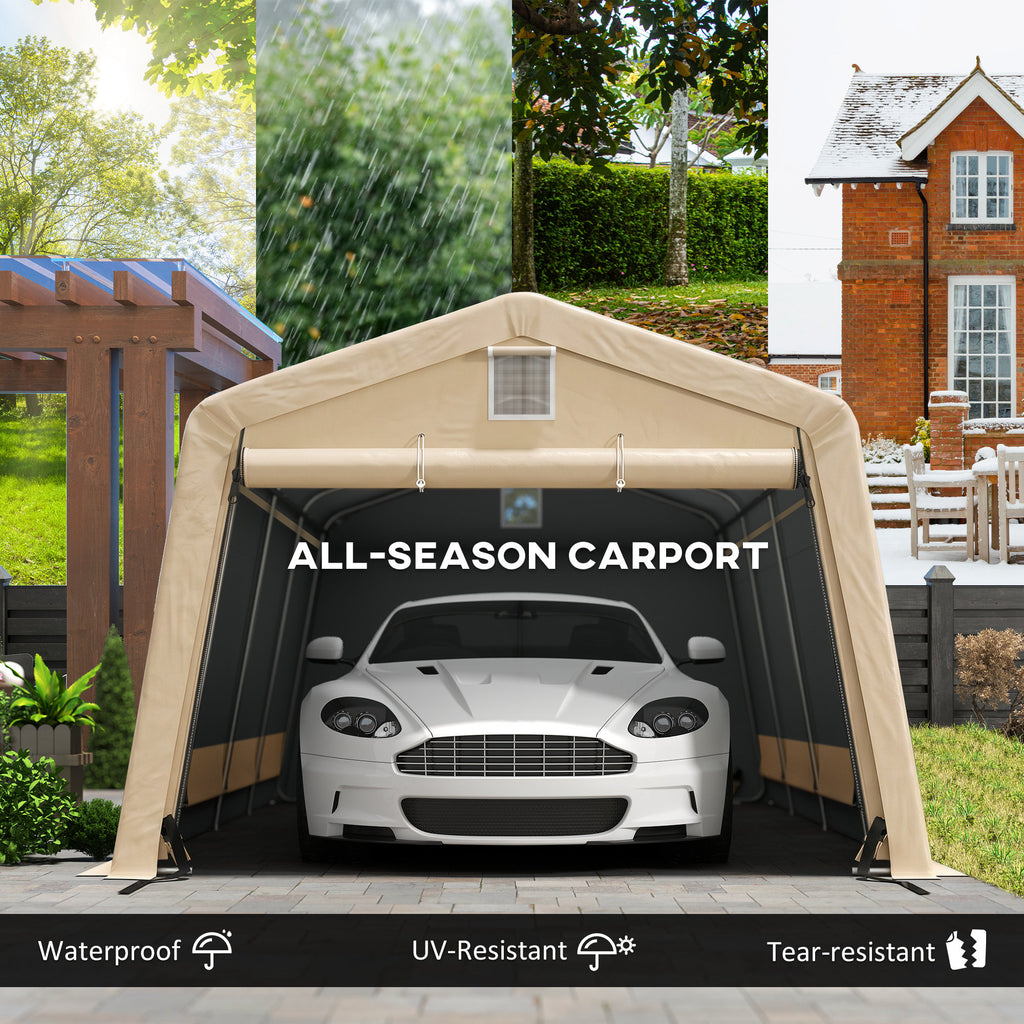 11' x 20' Portable Garage, Heavy Duty Carport Canopy with Ventilation Windows and Large Roll-up Door, Khaki