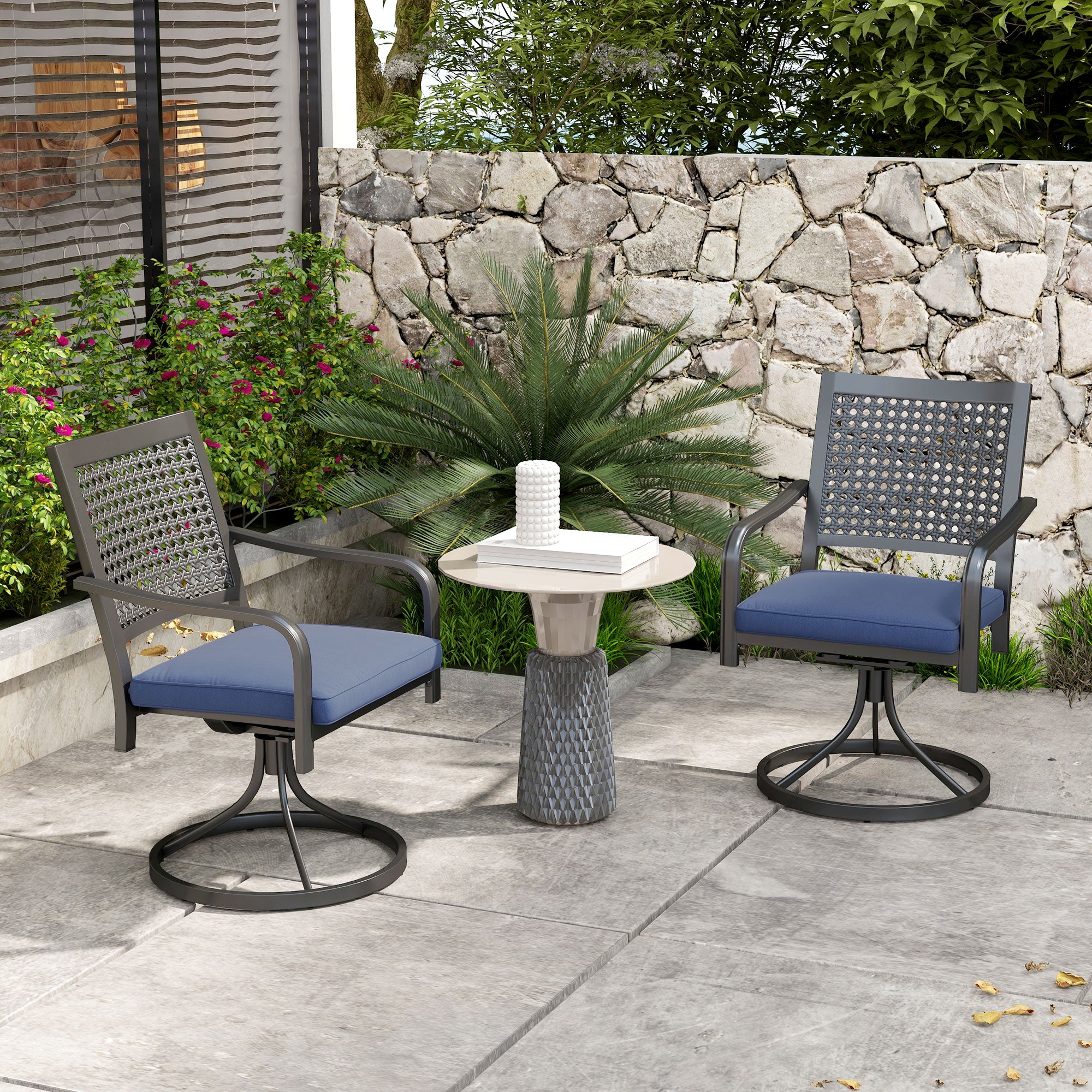 2 Pieces Patio Swivel Chairs with Cushion, Outdoor Swivel Rocker with Curved Armrests, Backrest for Garden, Balcony, Porch, Navy Blue