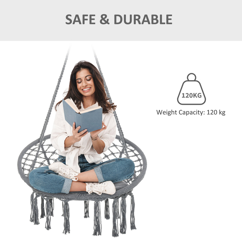 Patio Hammock Chair, Hanging Rope Hammock Swing for Indoor & Outdoor Use with Backrest, Cotton-Polyester Blend, Fringe Tassels, Dark Grey