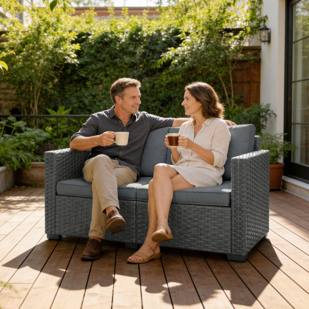 2 Seater Outdoor Couch Patio Sofa with Deep Seat, Cushions, Wide Armrests for Garden, Balcony, Porch, Dark Grey