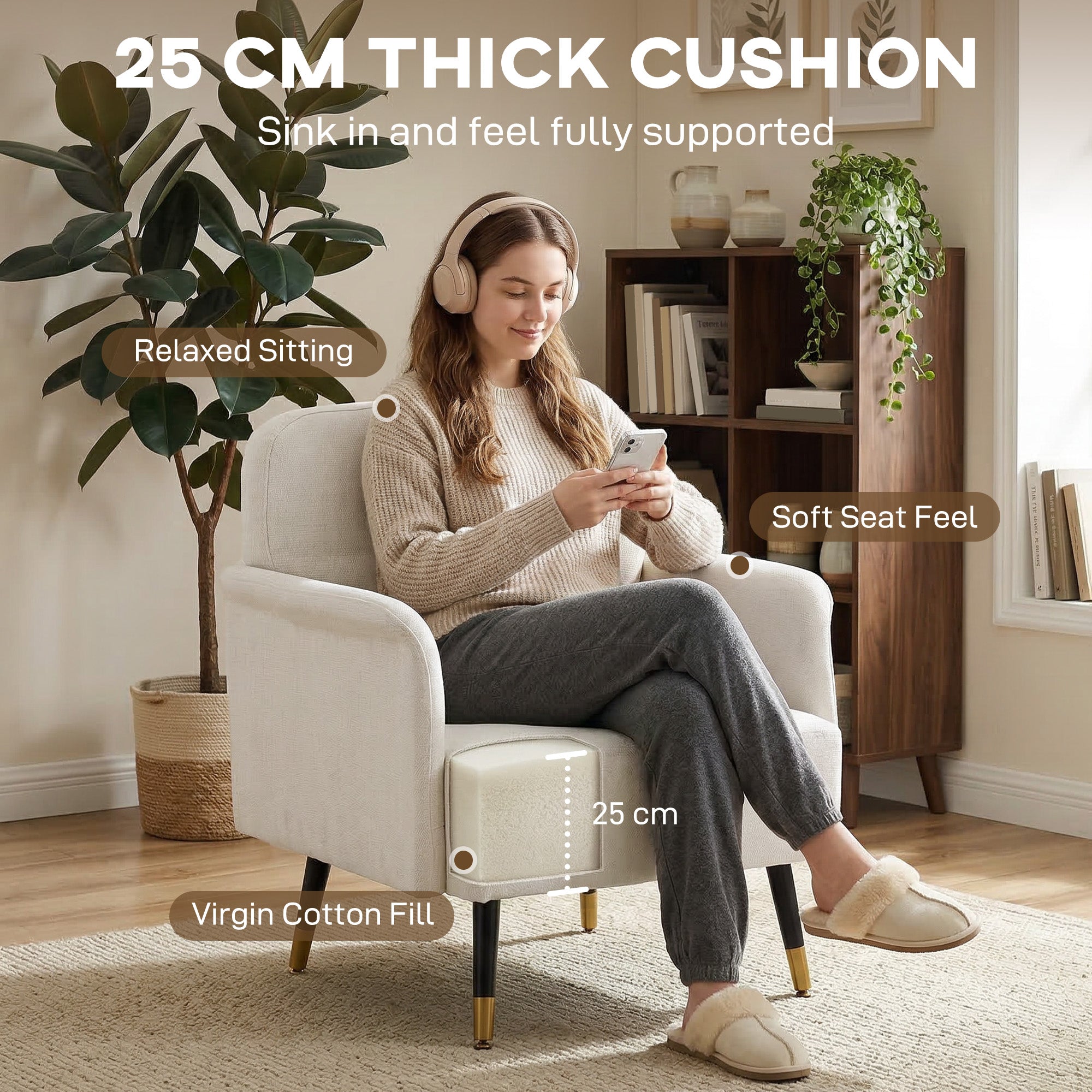 Accent Chair Modern Tufted with Metal Legs Upholstered Reading Armchair for Living Room Cream White