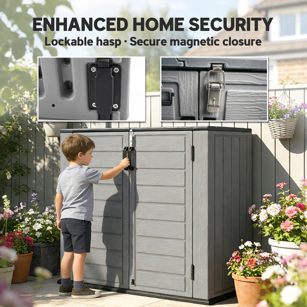 33 Cu.ft Plastic Outdoor Storage Shed, Storage Cabinet Tool Box with Lockable Double Doors and Flip-Top Lid Light Grey