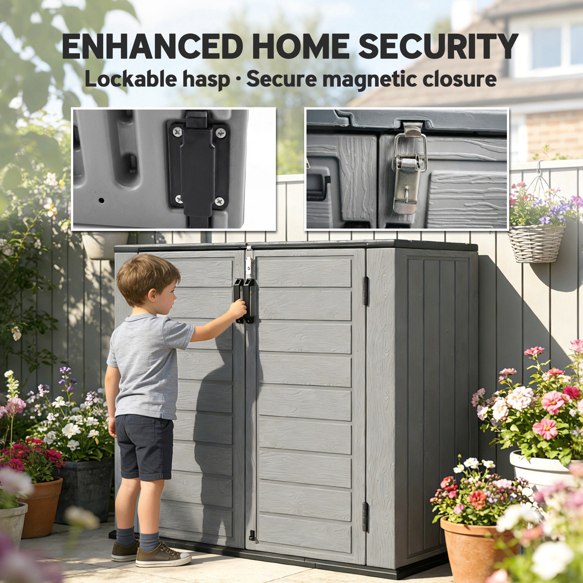 33 Cu.ft Plastic Outdoor Storage Shed, Storage Cabinet Tool Box with Lockable Double Doors and Flip-Top Lid Light Grey
