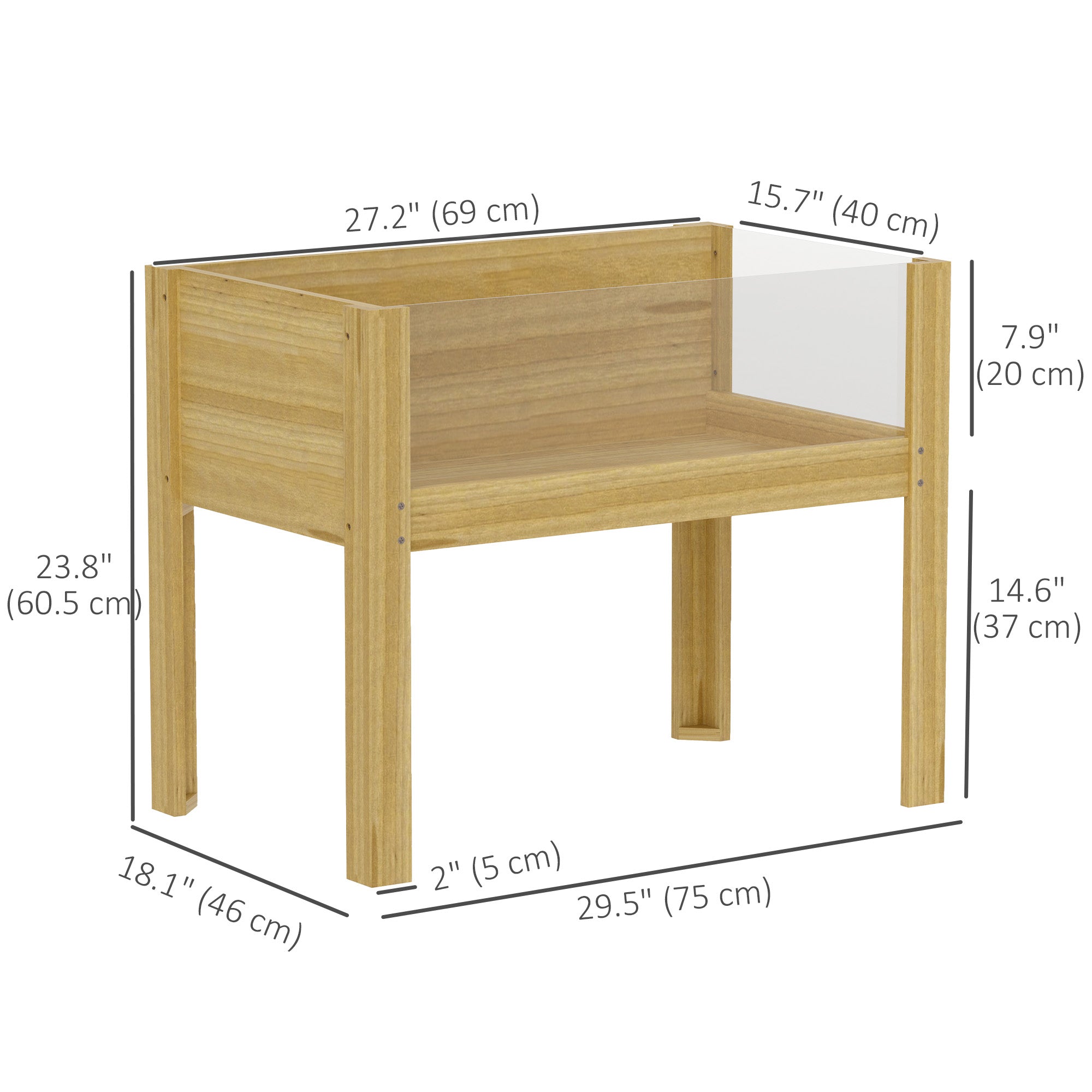 Wooden Raised Garden Bed with Acrylic Panels, Raised Planter Box with Drainage Holes, 29.5" x 18.1" x 23.8"