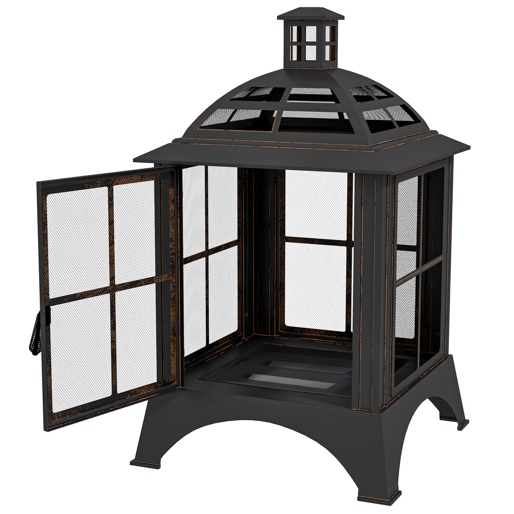 Wood-Burning Fire Pit, Chimney Style Firepit with Poker, 28" x 28", Black