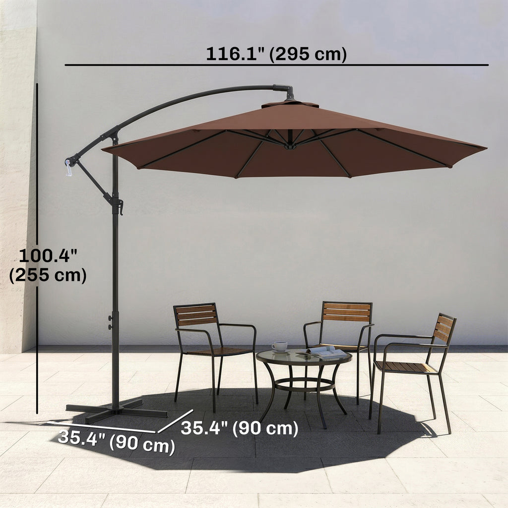 10' Deluxe Patio Umbrella, Outdoor Market Parasol, Banana Hanging Offset Sunshade with Crank, Cross Base, Coffee