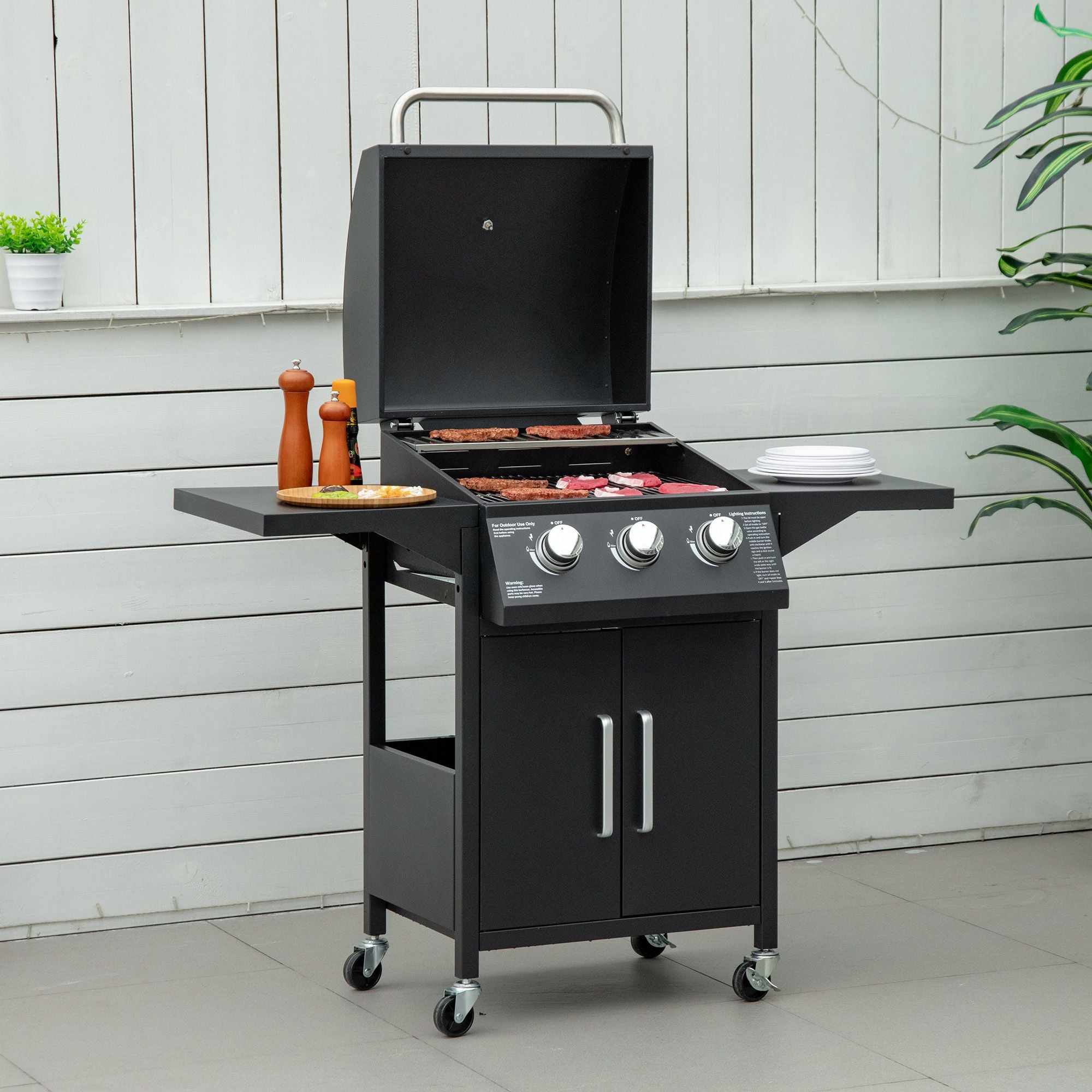Outdoor 3 Burner Gas Grill Portable Barbecue w/ Wheels, Warming Rack, Shelves, Cabinet, Thermometer, Black