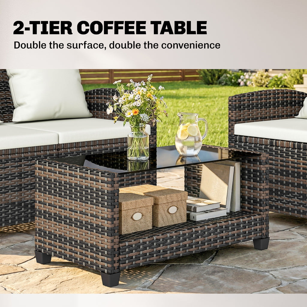4-Piece Outdoor Wicker Patio Furniture Conversation Set, Includes Loveseat, Chairs and 2-Tier Table with Cushions, Modern Rattan Sofa Set for Backyard, Beige