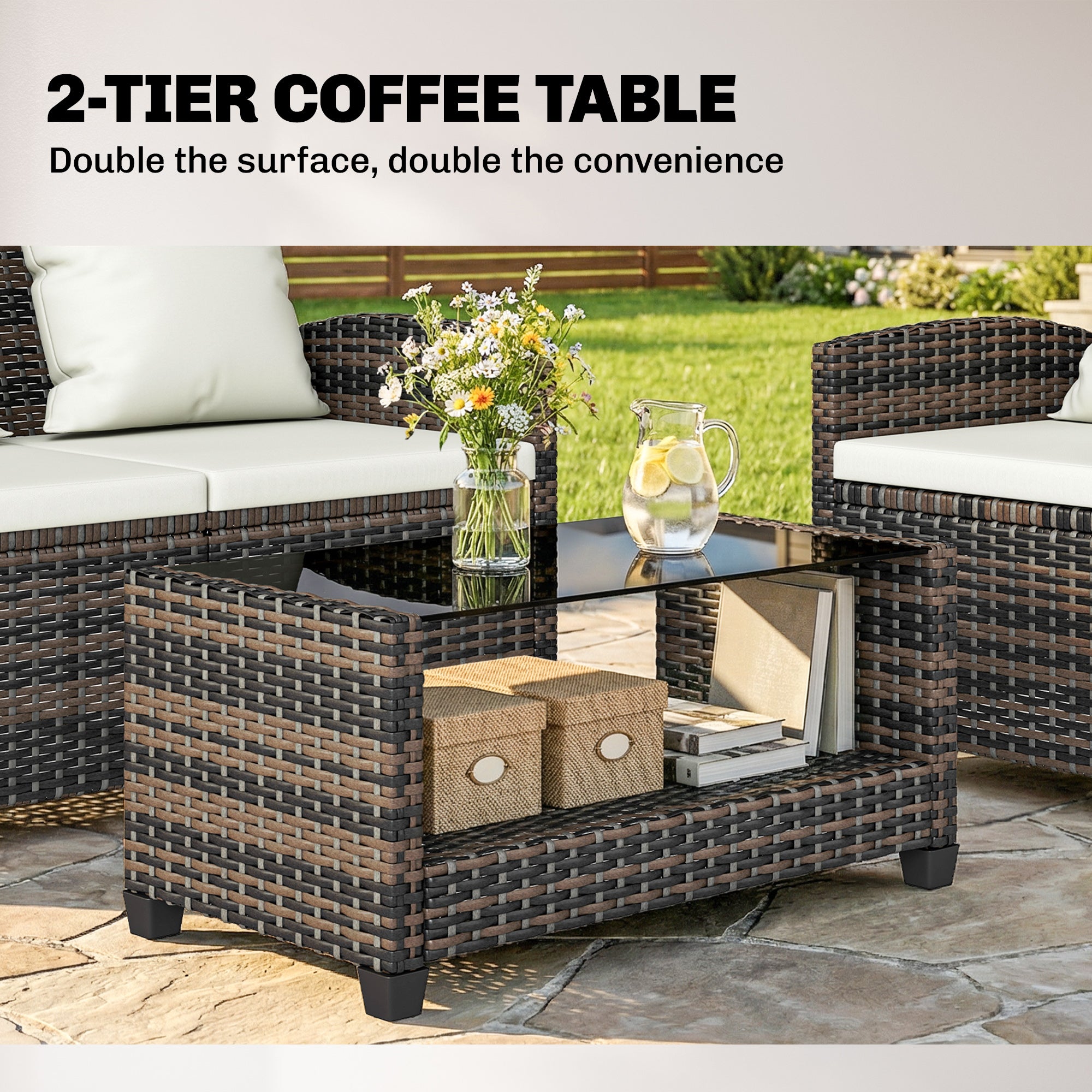 4-Piece Outdoor Wicker Patio Furniture Conversation Set, Includes Loveseat, Chairs and 2-Tier Table with Cushions, Modern Rattan Sofa Set for Backyard, Beige