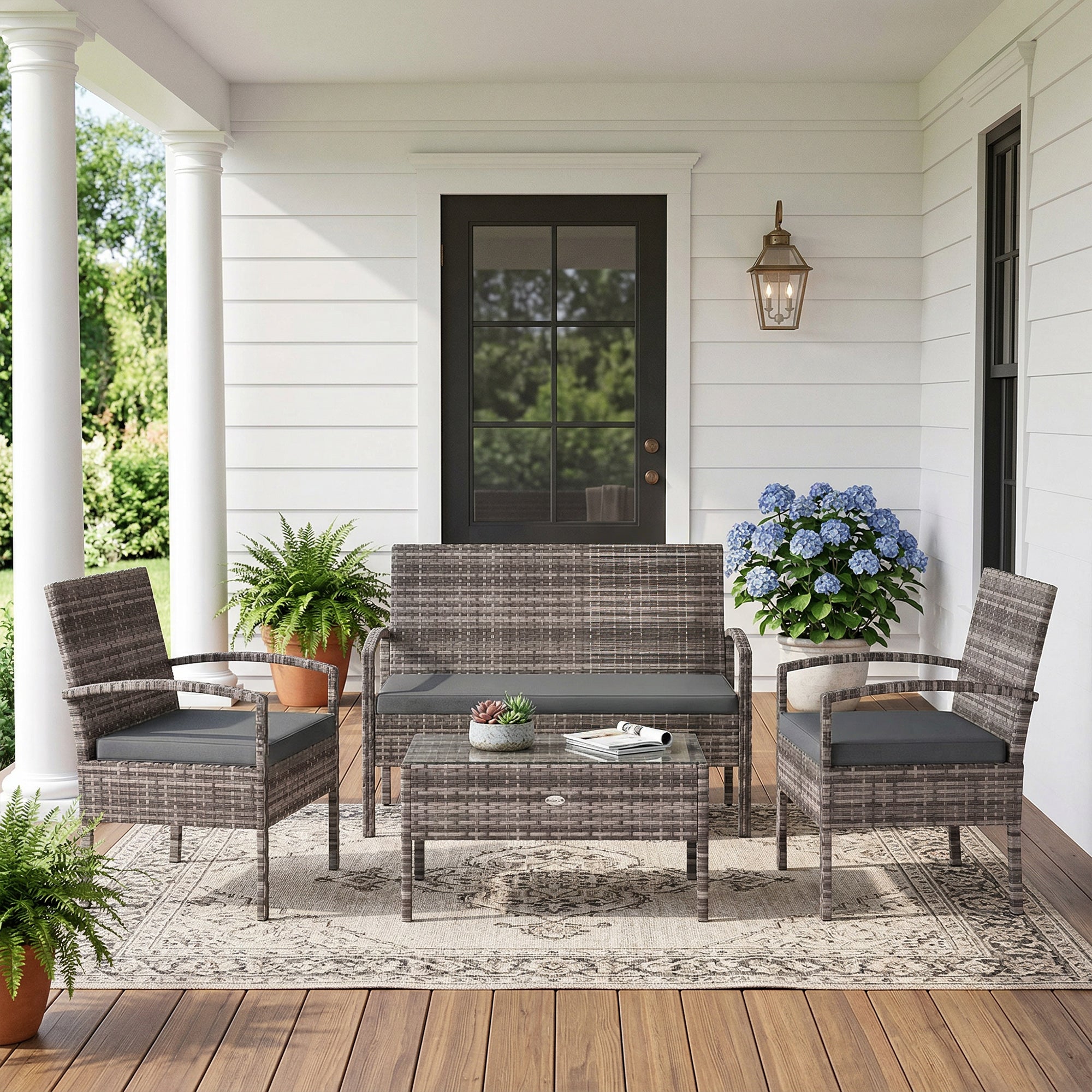 4 Pieces Patio Furniture Set with A Loveseat, Two Armchairs and A Coffee Table, Outdoor Conversation Set, Dark Grey