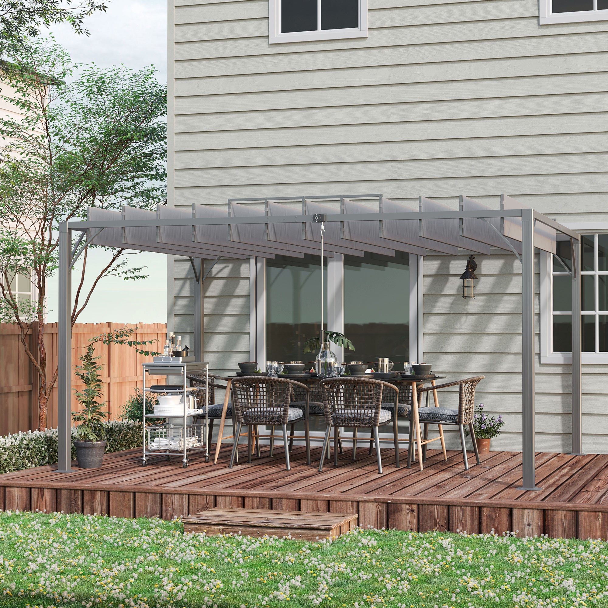 12.8' x 9.7' Outdoor Pergola with Retractable Roof, Aluminium Louvered Pergola Canopy Gazebo for Lawn Garden Patio, Grey