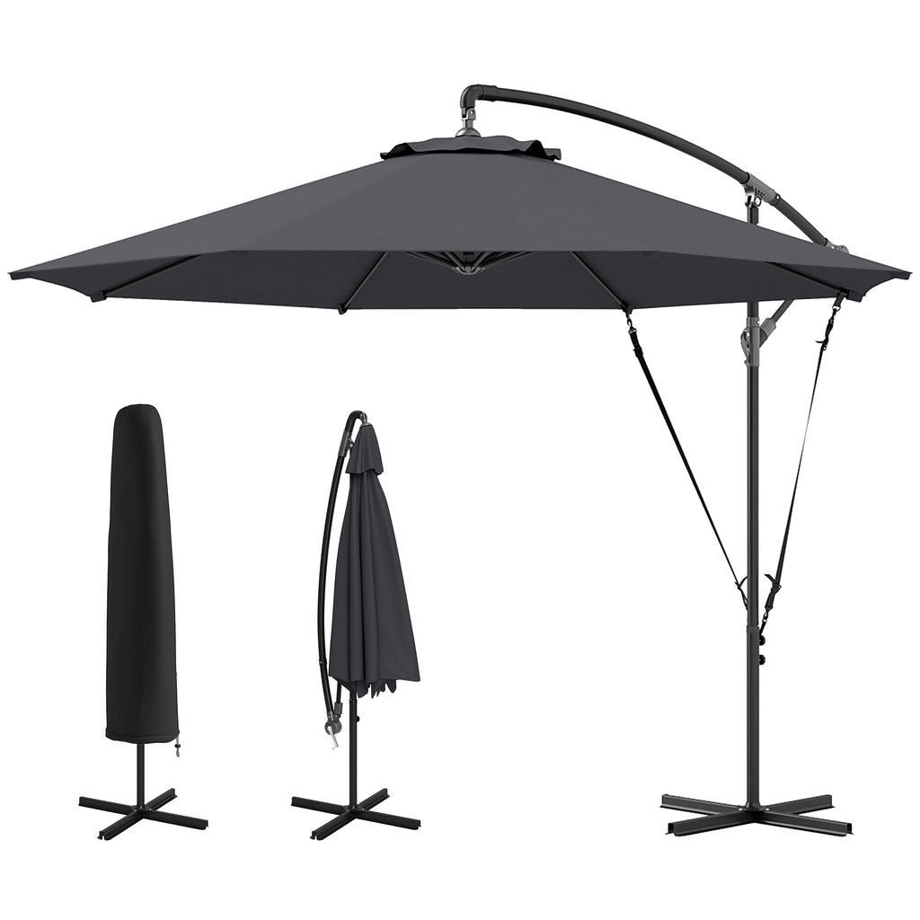 9.5' Cantilever Umbrella with Wind Protection Strap and Cover, Hanging Umbrella with Crank and Cross Base, UPF 50+, Grey