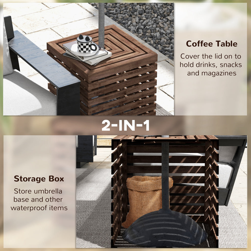 2-in-1 Outdoor Umbrella Base Storage Box Wooden Patio Side Table, Brown