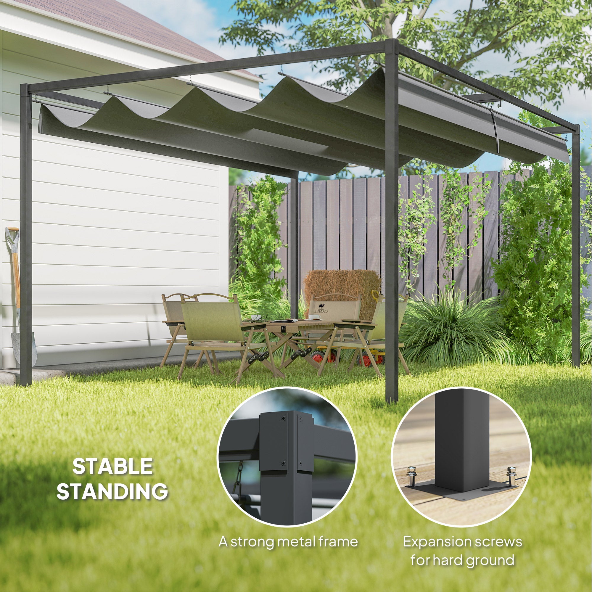 13' x 10' Patio Pergola with Retractable Canopy, Outdoor Sun Shelter, Yard Shade, Dark Grey
