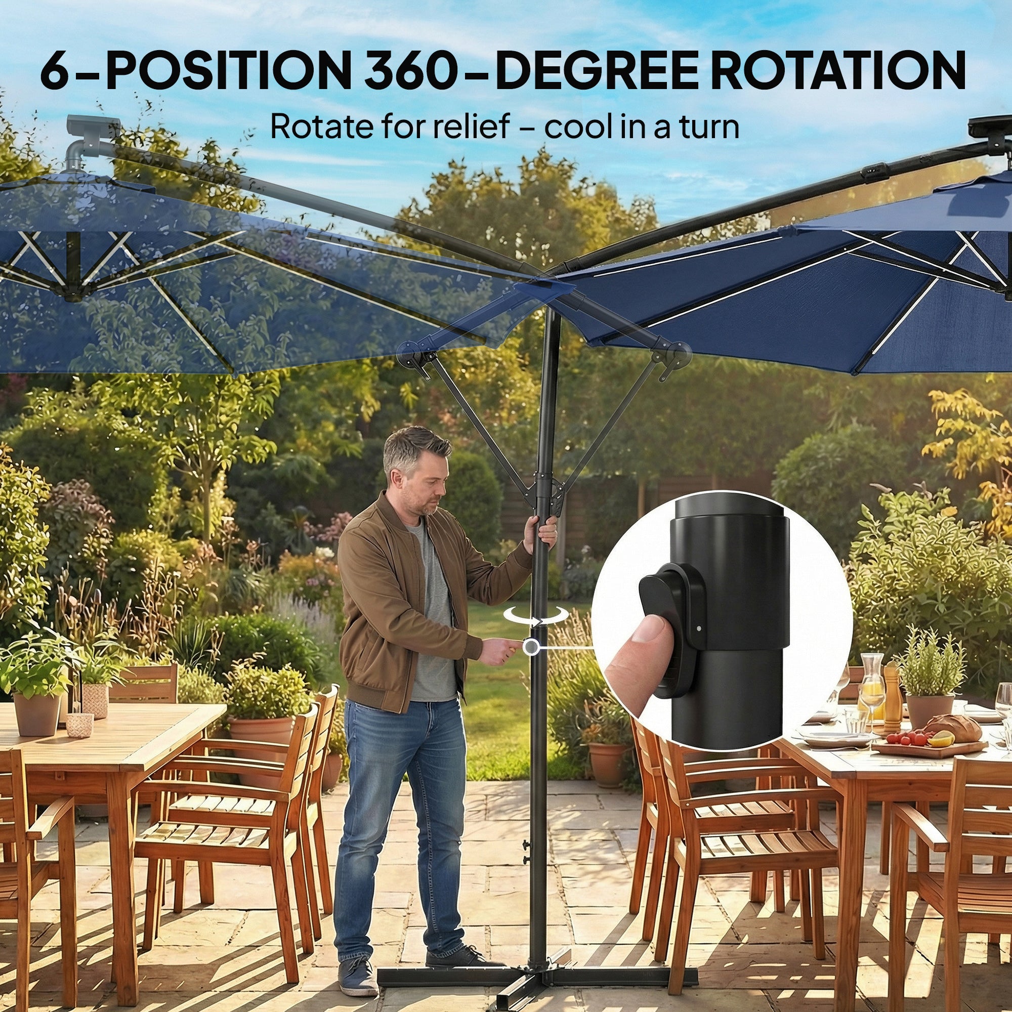 10 ft Offset Patio Umbrella with Solar Light, Garden Hanging Parasol with 360Â° Rotation, Tilt, Cover, Navy Blue