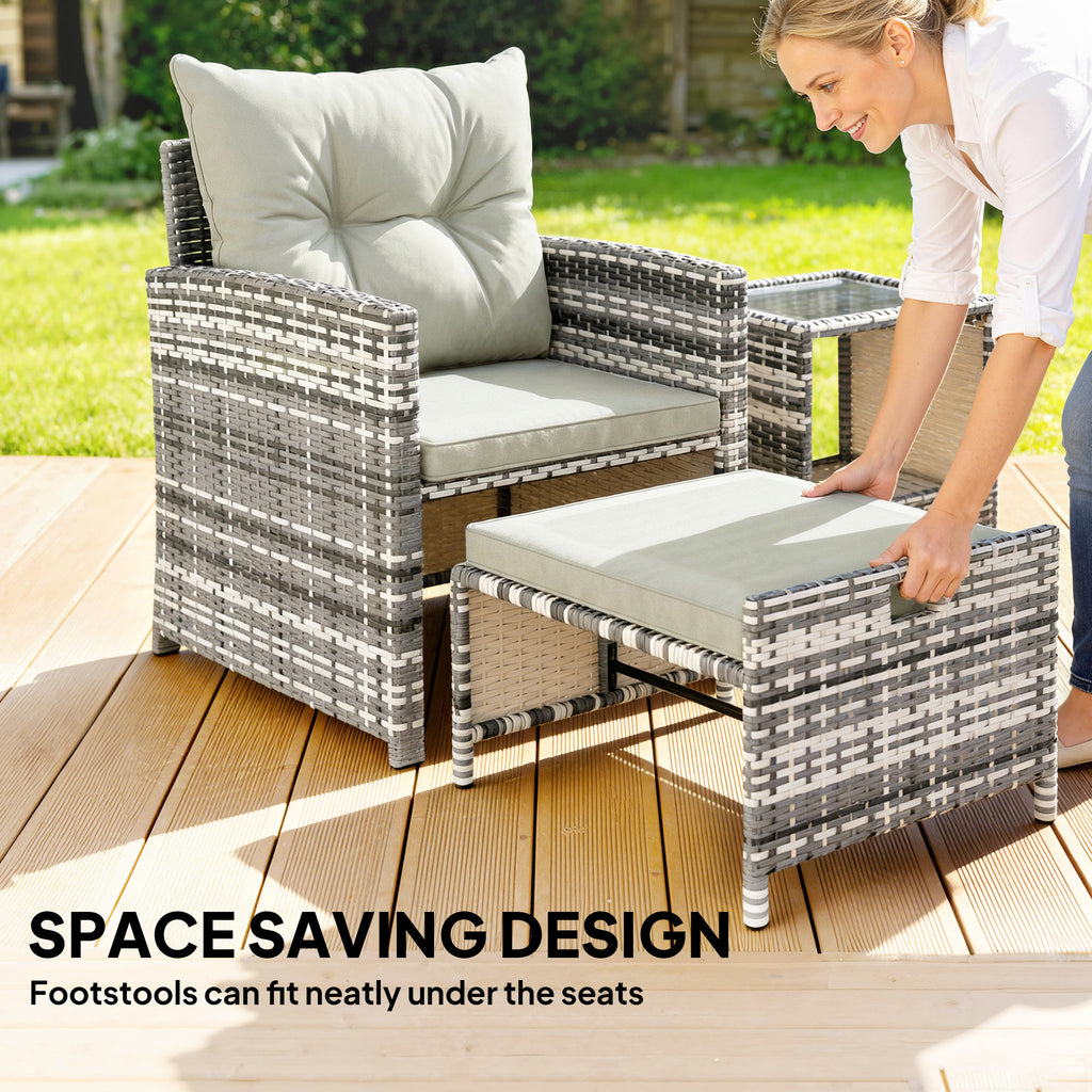 5 Piece Patio Furniture Set, Wicker Patio Chairs with Ottomans, 2-Tier Glass Coffee Table and Cushions, Grey/Cream White