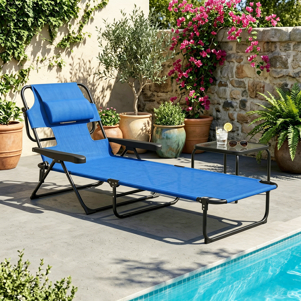 Folding Lounge Chair w/ Reclining Back, Dark Blue