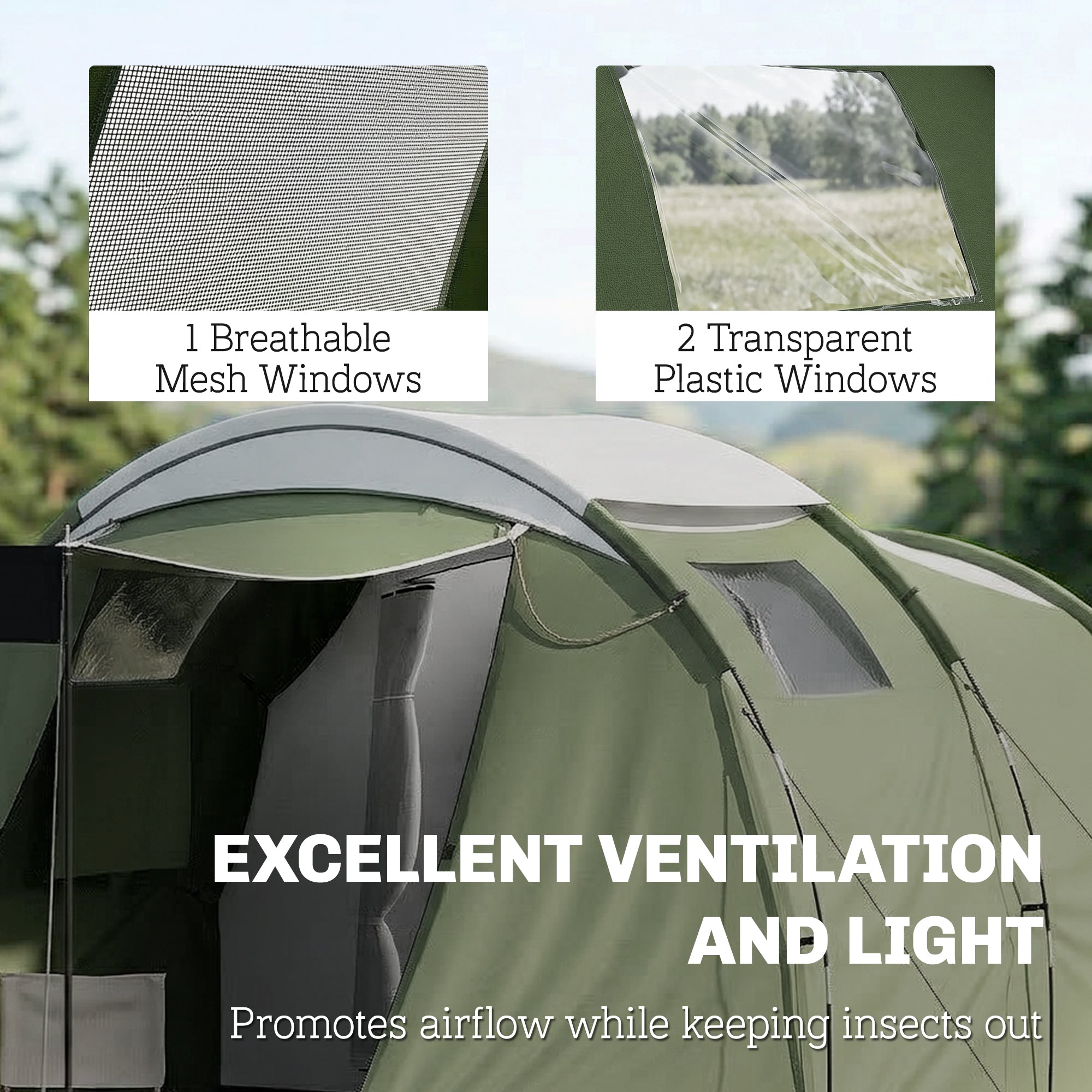 Camping Tent Waterproof Camping Tent with Two Room for 3-4 Person Waterproof, Green