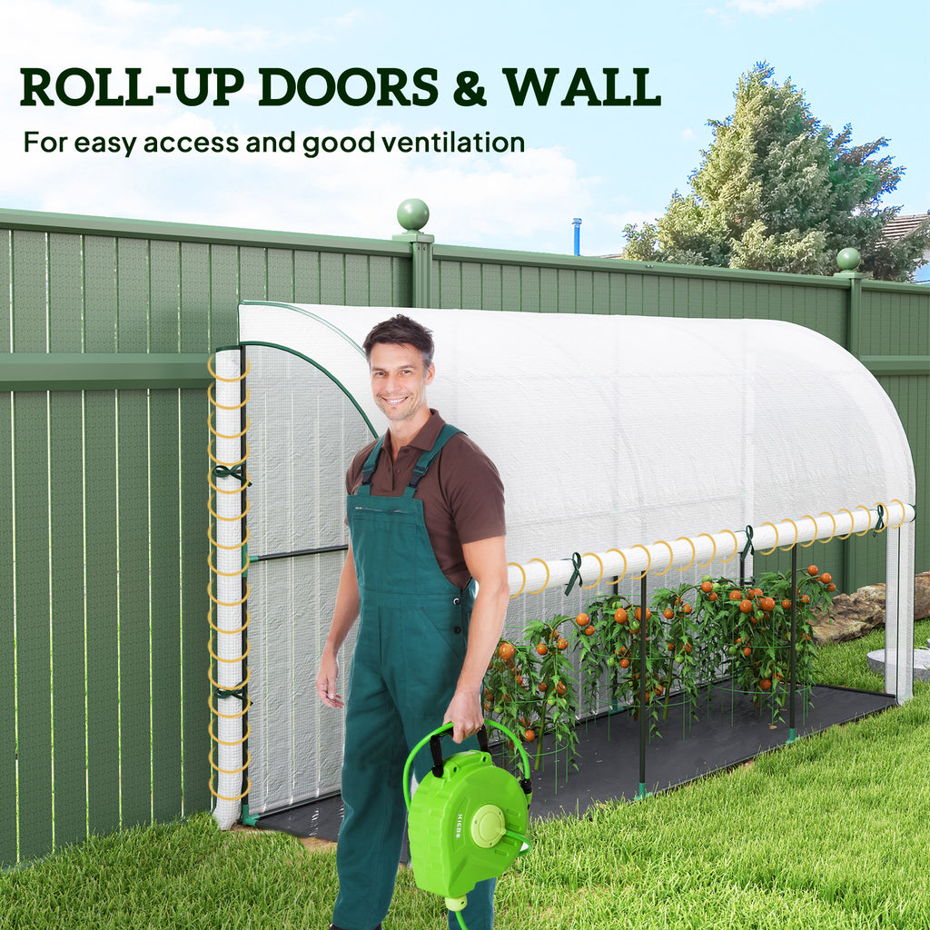 Walk-in Lean-to Greenhouse, Outdoor Gardening Green House with Zipper Roll-up Doors and Window, 10' x 3' x 5', White