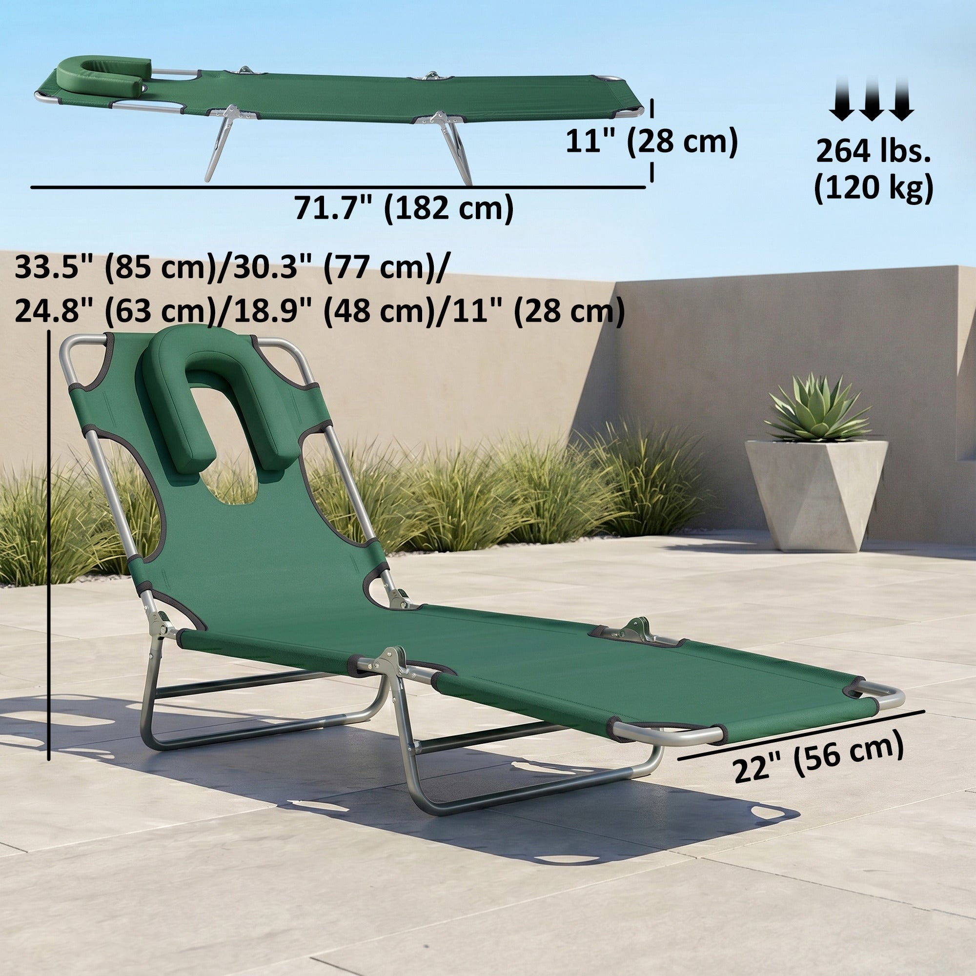 Folding Lounge Chair Outdoor, Tanning Chair with Face Hole Arm Slots, Beach Chaise Lounger with Pillow, 5-Position Adjustable Portable Sun Lounger Bed for Pool, Green