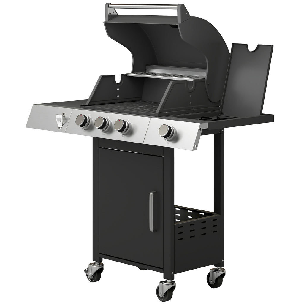 3 Burner Propane Gas Grill with Side Burner, 36,000 BTU BBQ Grill with Cast Iron Grates, Wheels, Warming Rack, Cabinet