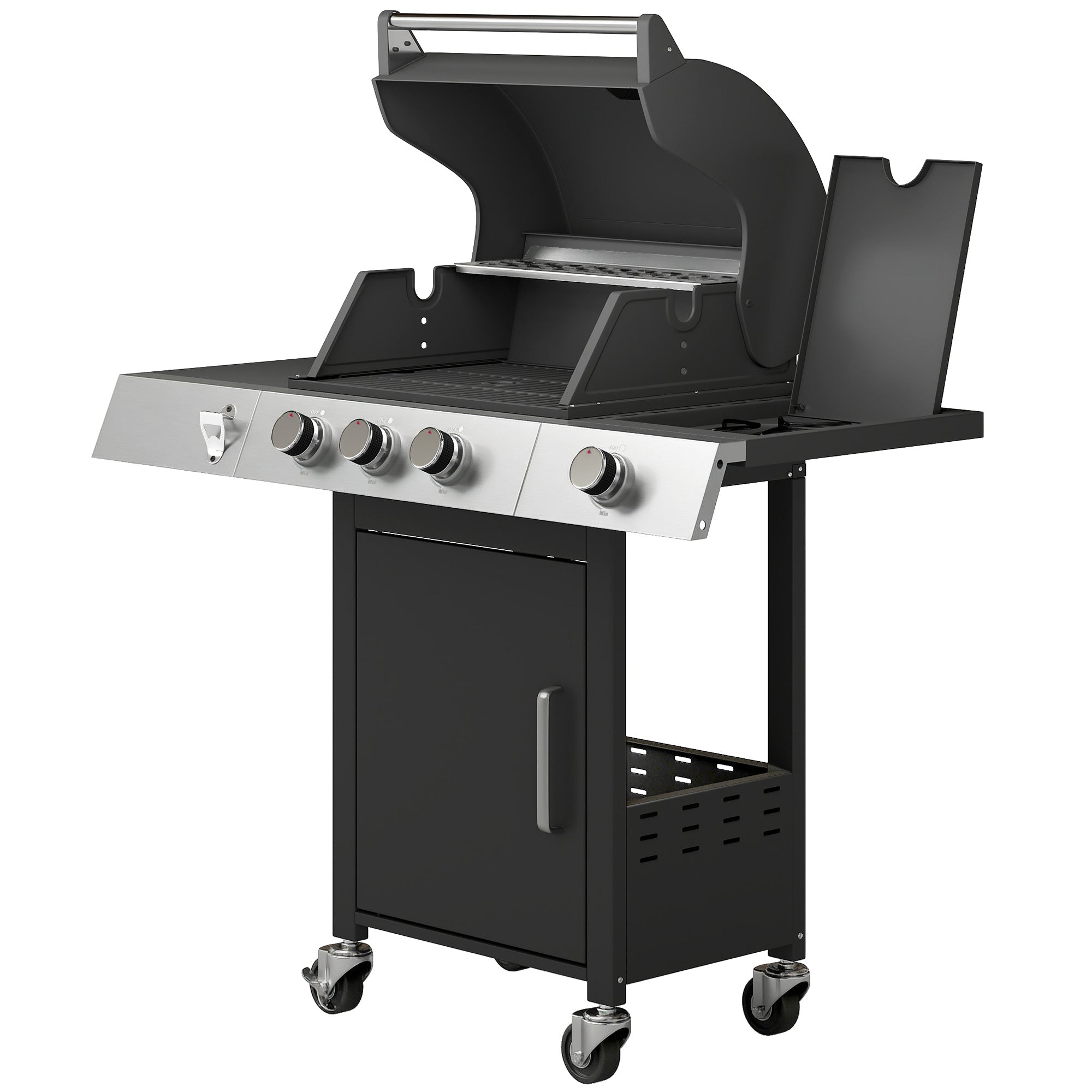 3 Burner Propane Gas Grill with Side Burner, 36,000 BTU BBQ Grill with Cast Iron Grates, Wheels, Warming Rack, Cabinet