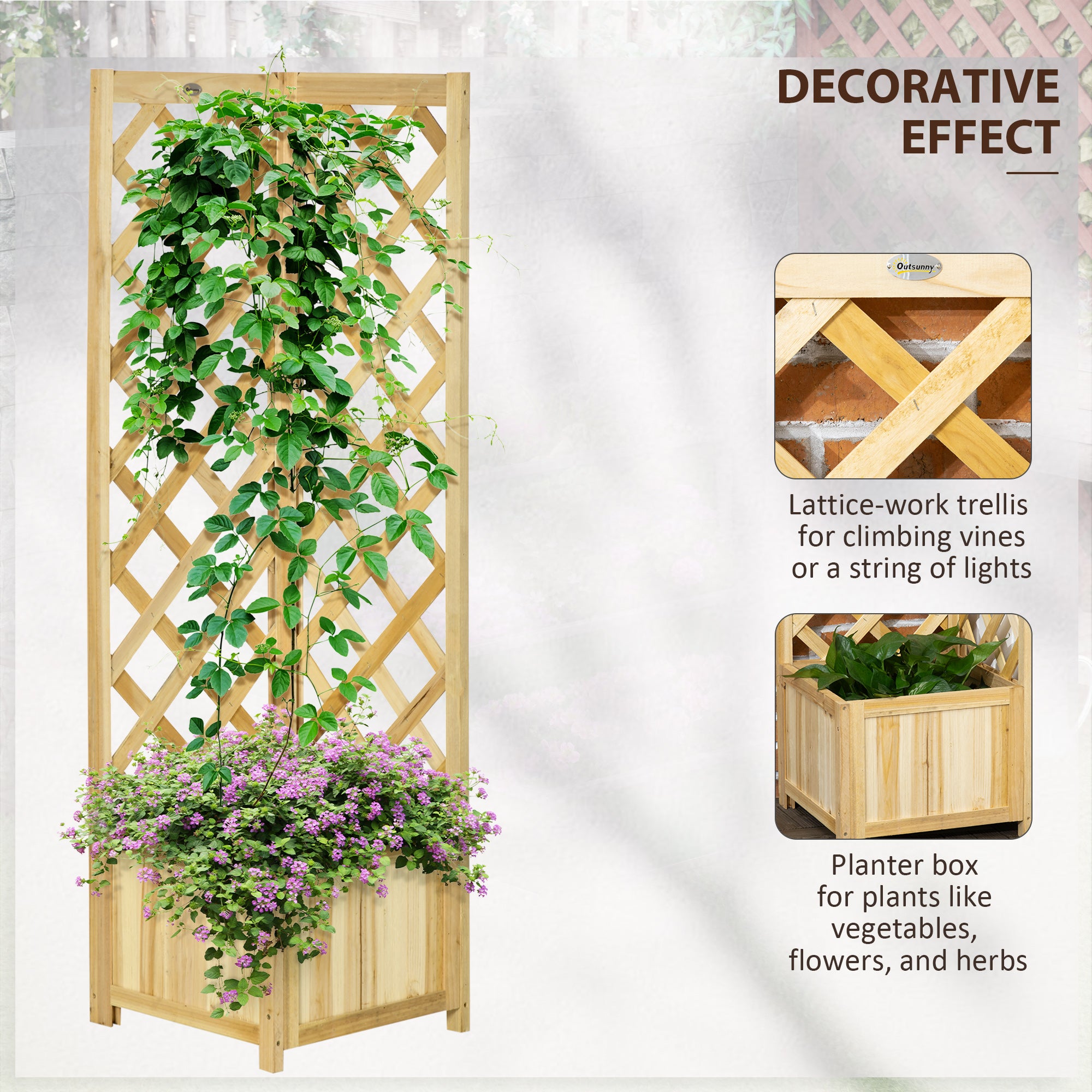 Raised Garden Bed Wood Planter with Trellis for Vine Climbing, 16" x 16" x 57", Natural