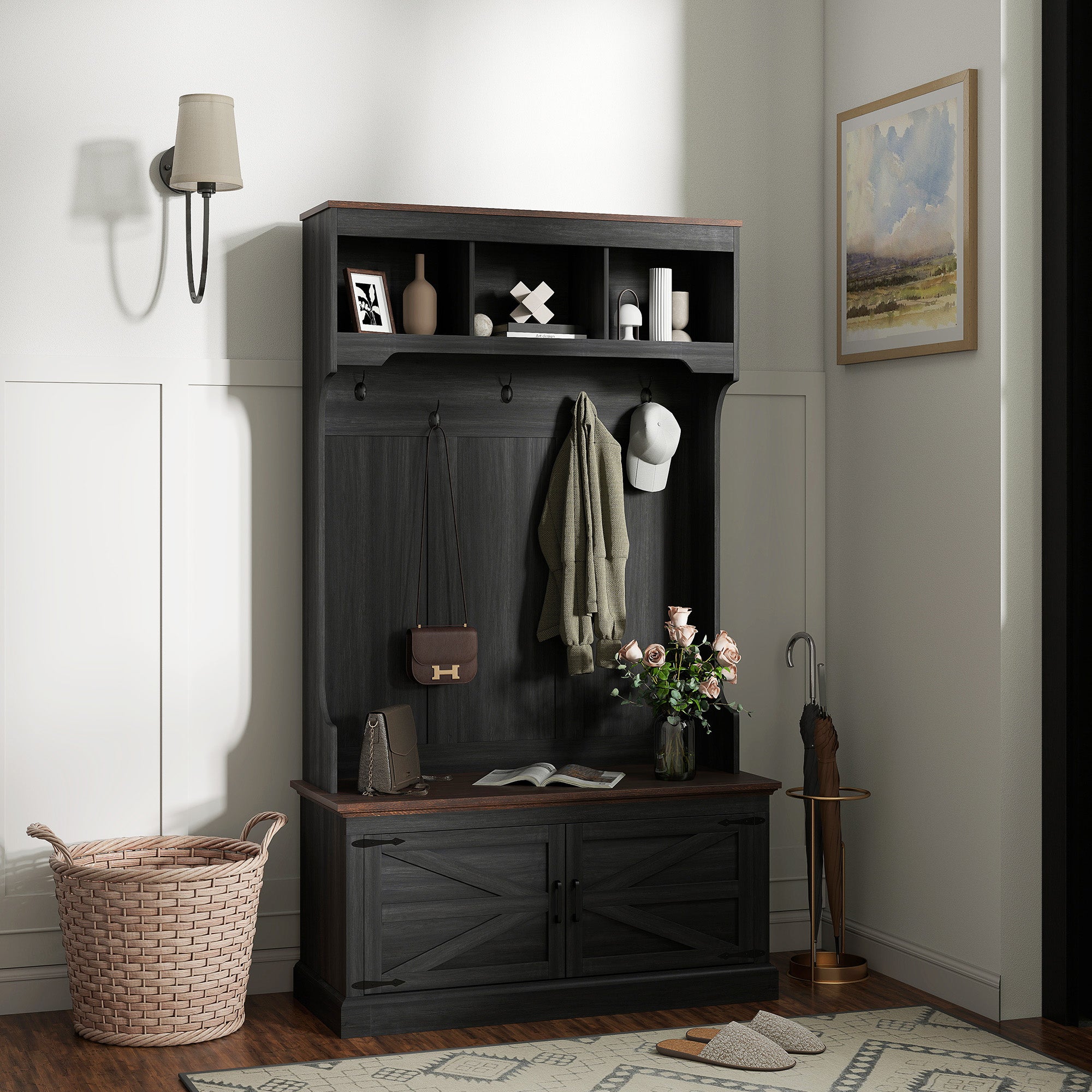 3-in-1 Hall Tree with Bench, Coat Rack with Shoe Storage, Distressed Black
