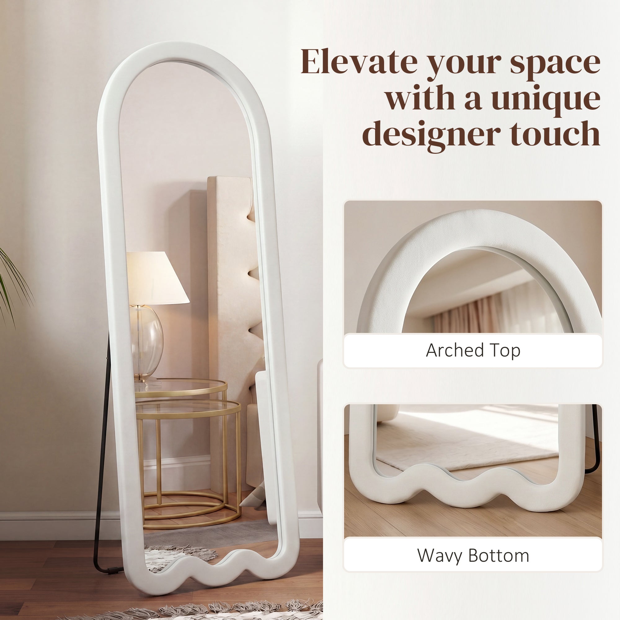 64" x 24" Full Length Mirror, Floor Mirror Hanging or Wall Mount, with Arched Wavy Bottom Velvet Frame for Bedroom